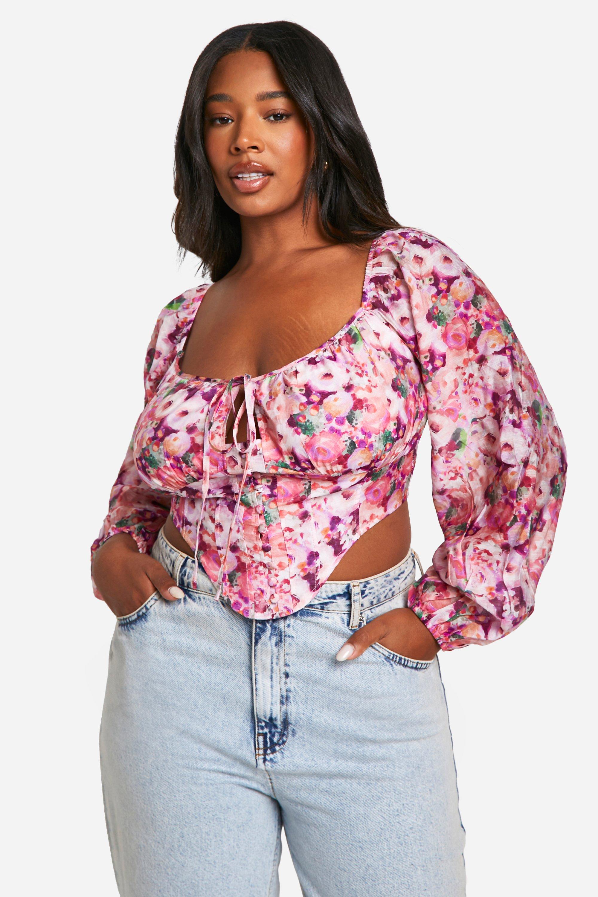 Image of Plus Floral Tie Front Corset Top, Pink