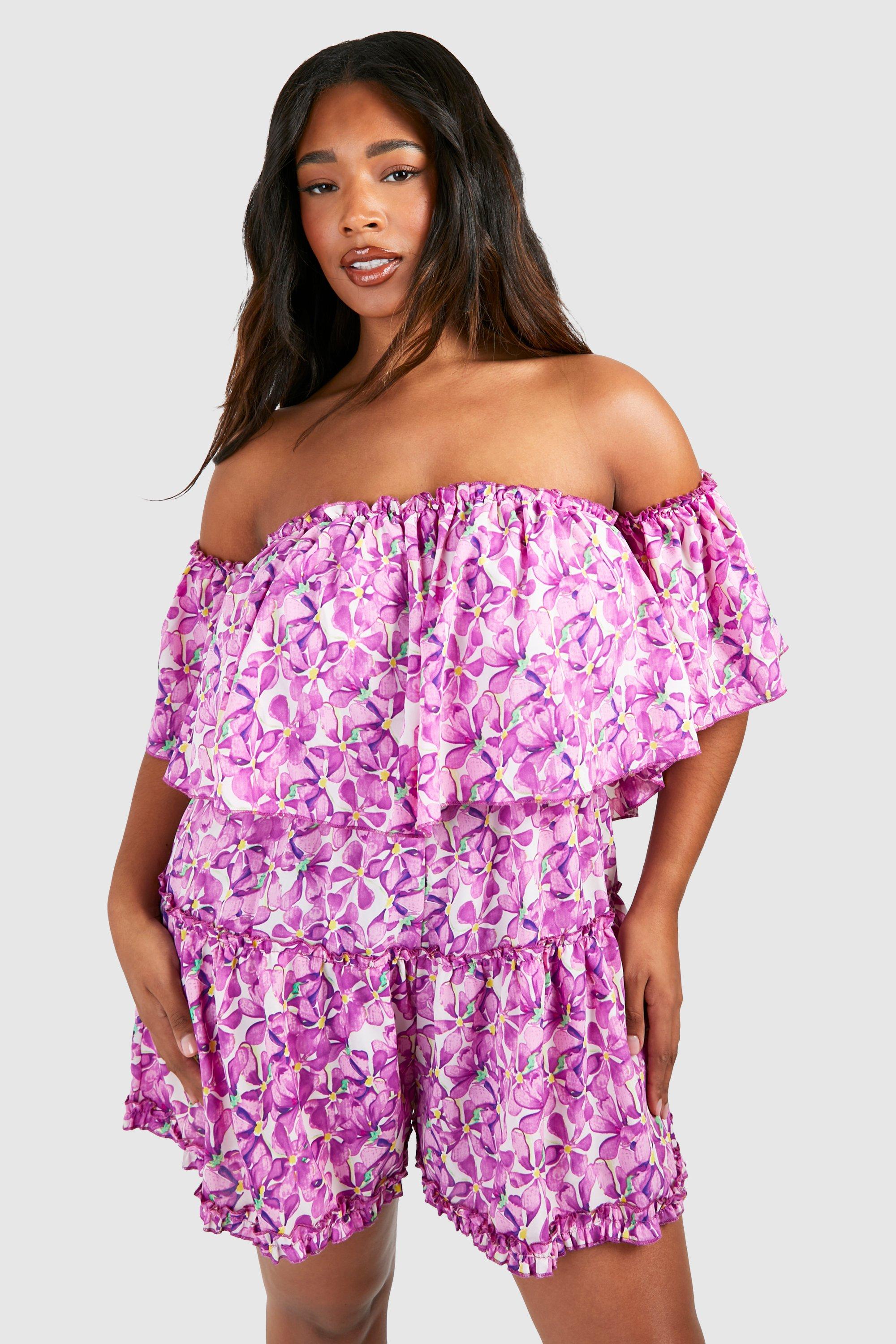 Image of Plus Woven Ditsy Floral Bardot Ruffle Playsuit, Purple
