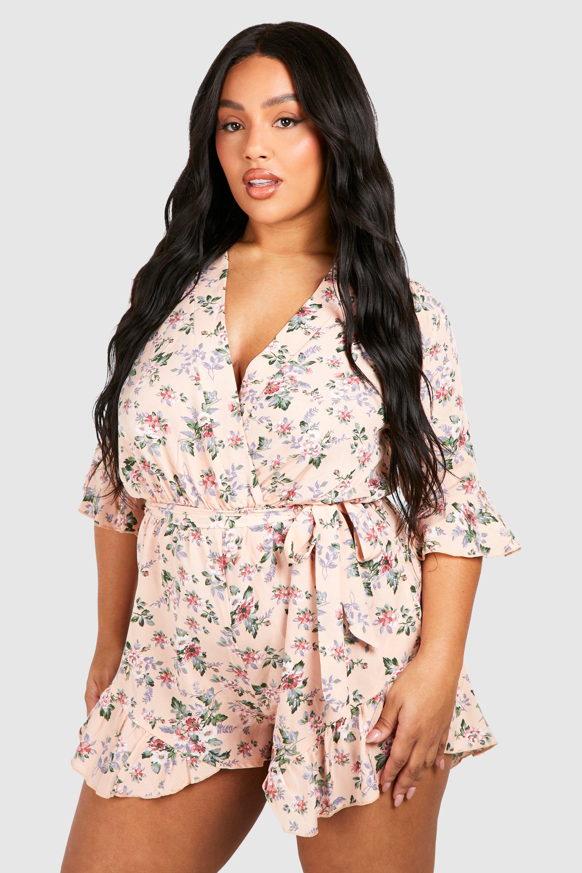Image of Plus Ditsy Floral Ruffle Hem Playsuit, Pink