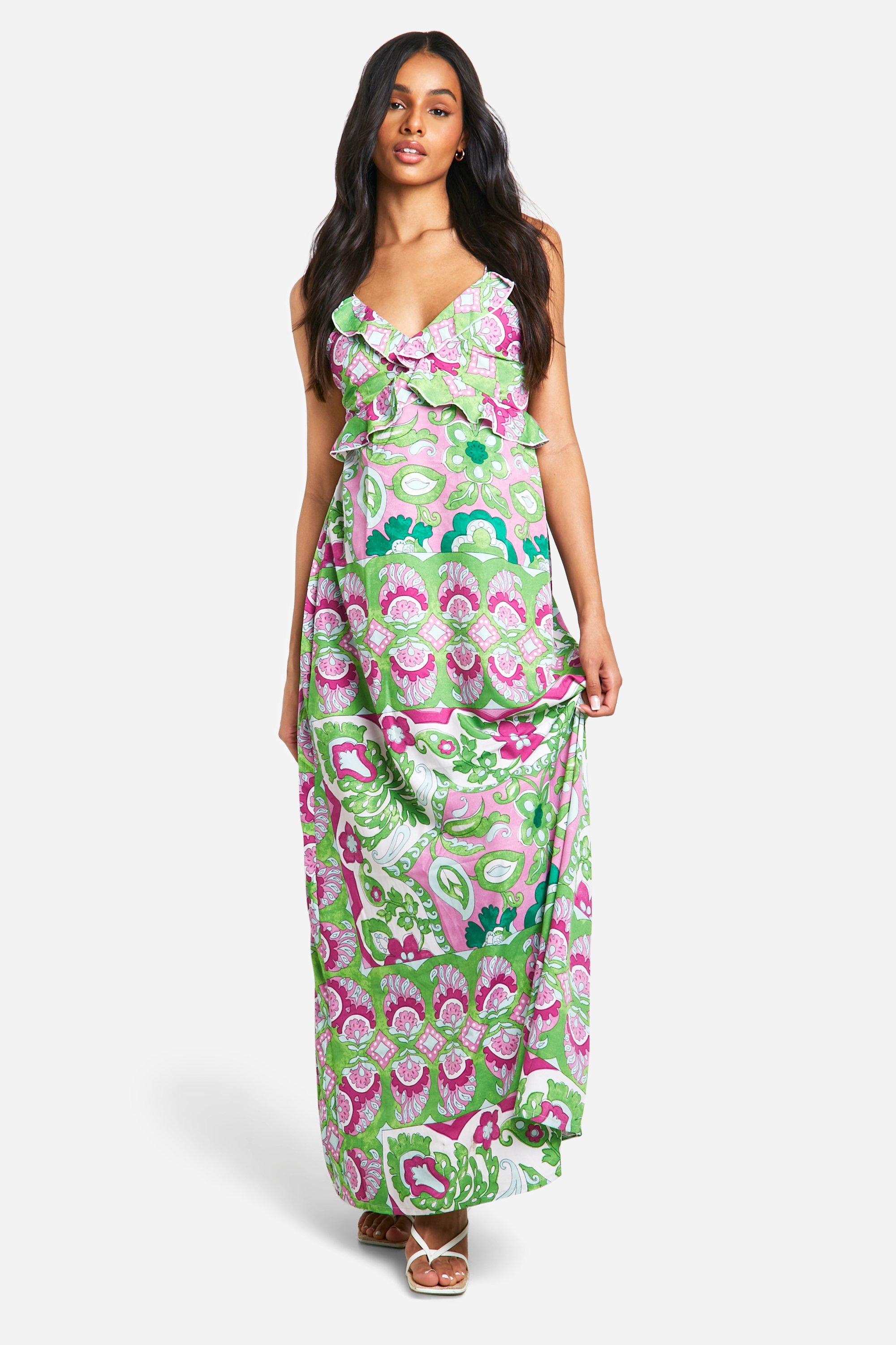 Image of Tall Abstract Strappy Ruffle Detail Maxi Dress, Verde