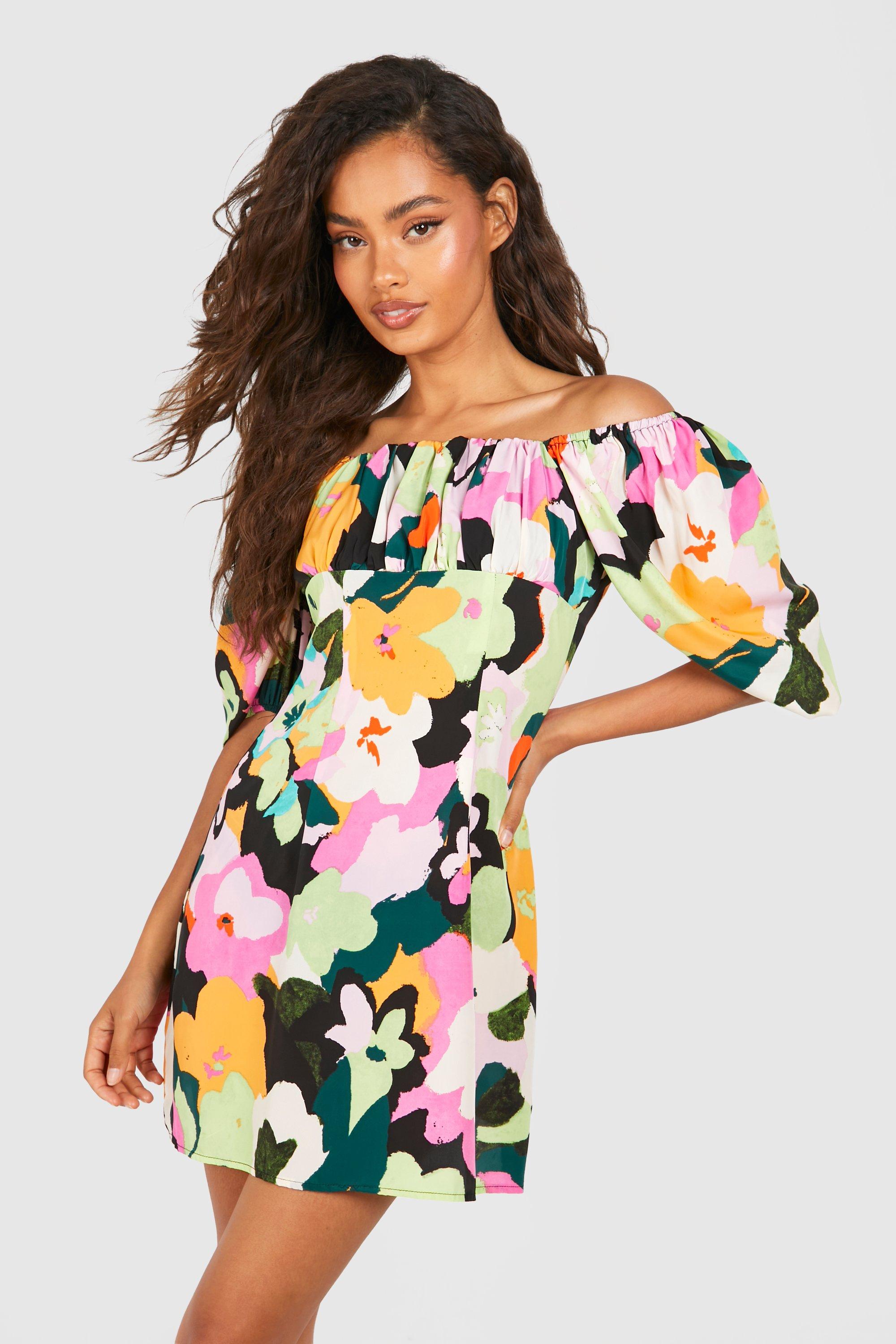 Image of Bright Floral Puff Sleeve Smock Dress, Multi