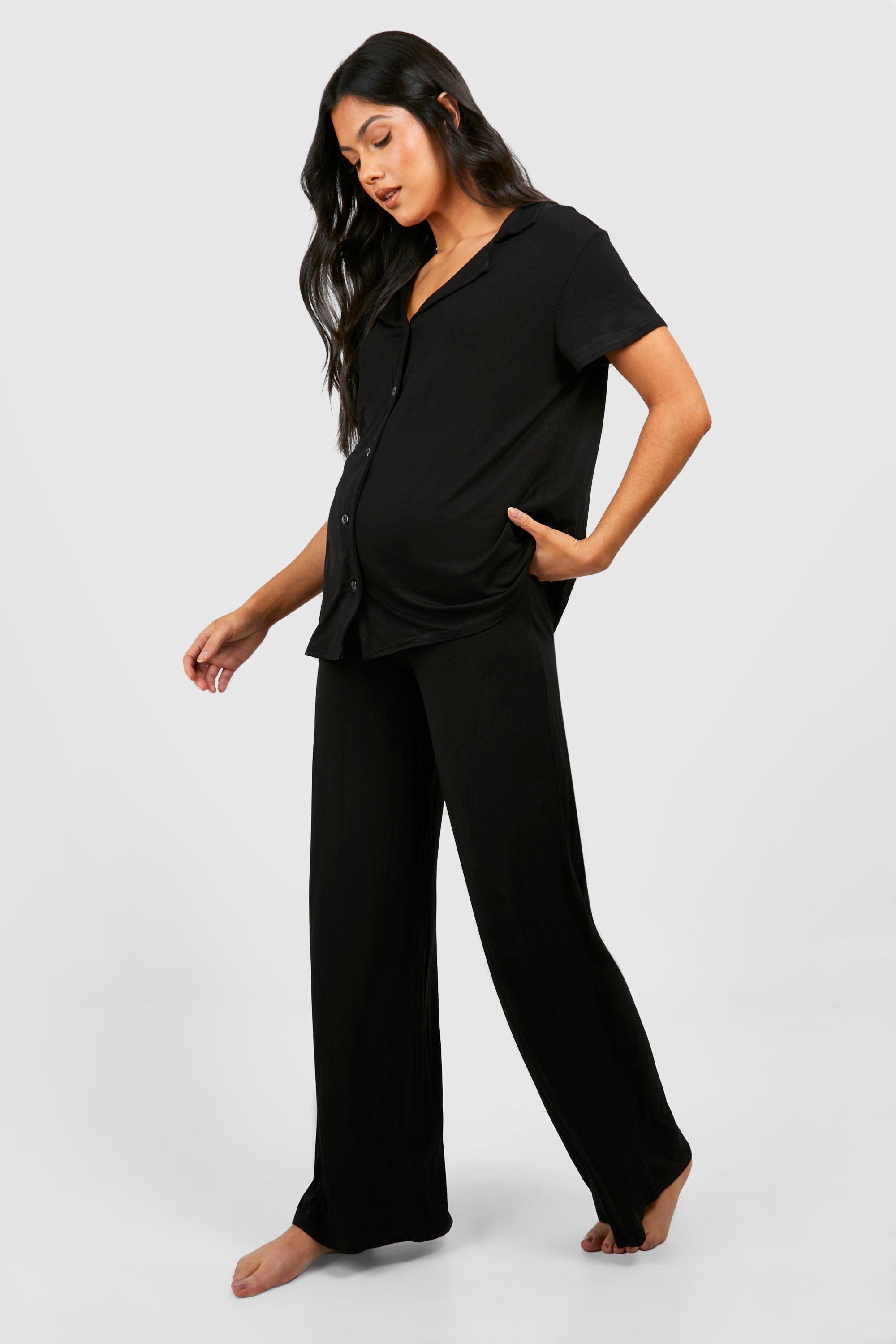Image of Maternity Short Sleeve Peached Jersey Trouser Set, Nero