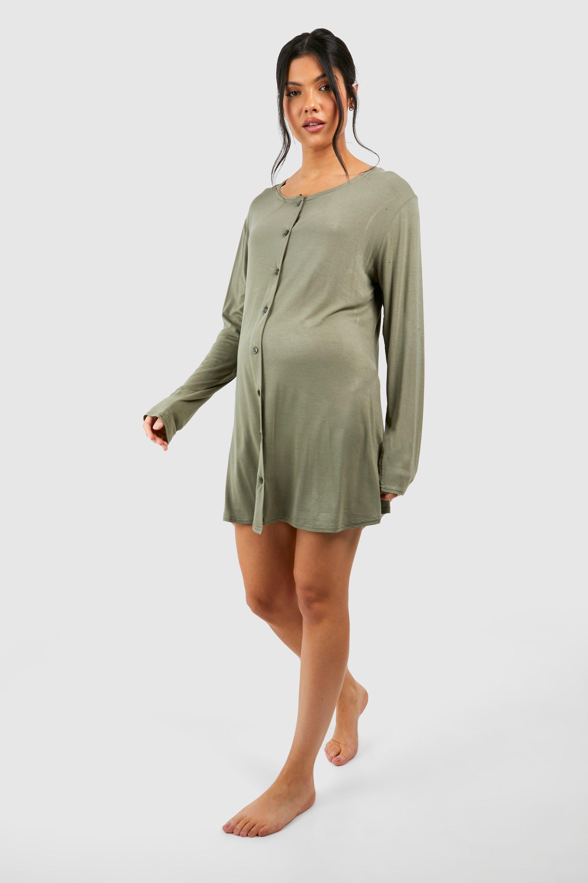 womens maternity long sleeve peached jersey button down nightie - green - 6, green