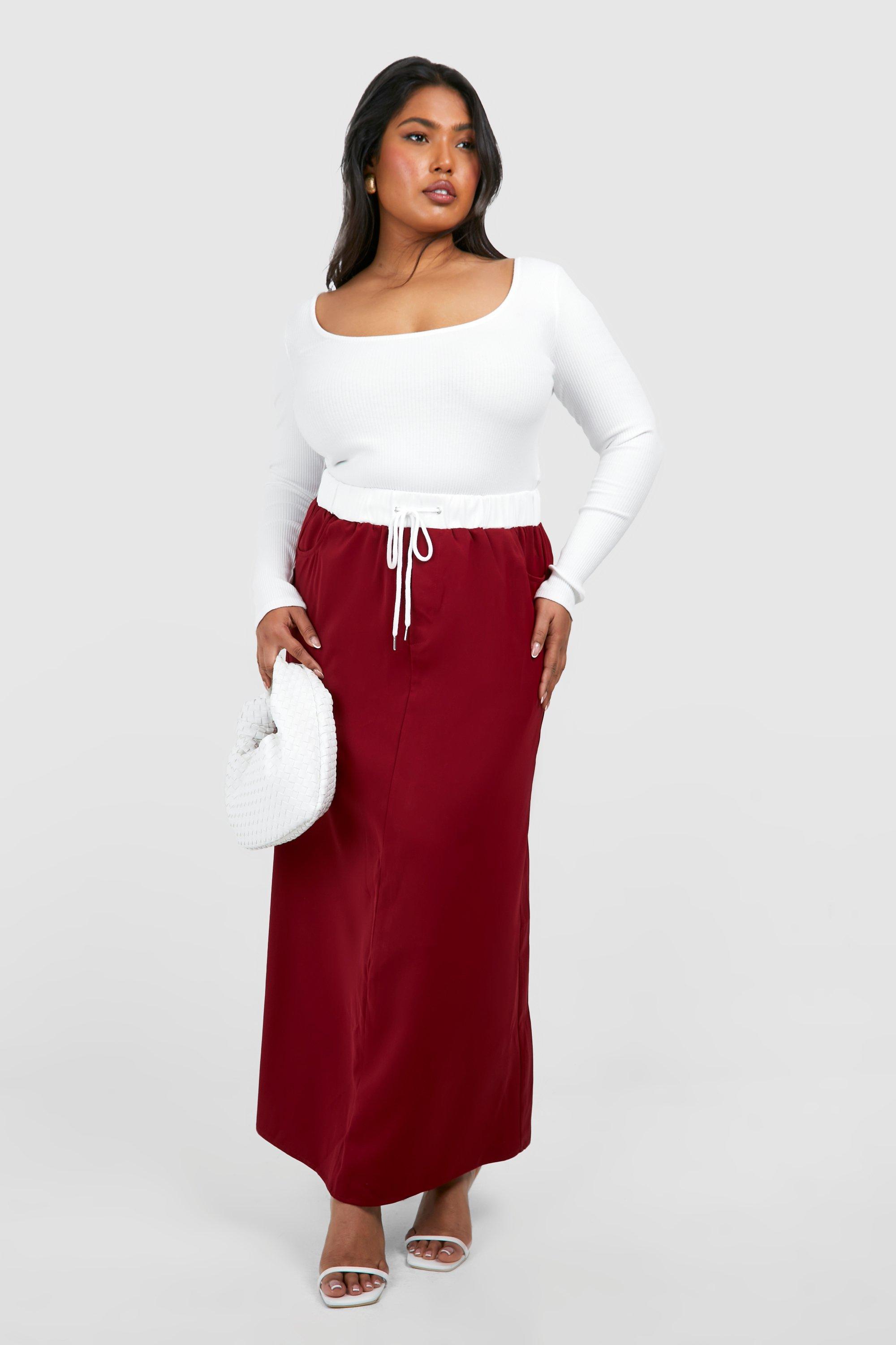 Boohoo Plus Maxi Rok Met Tailleband Detail, Cherry