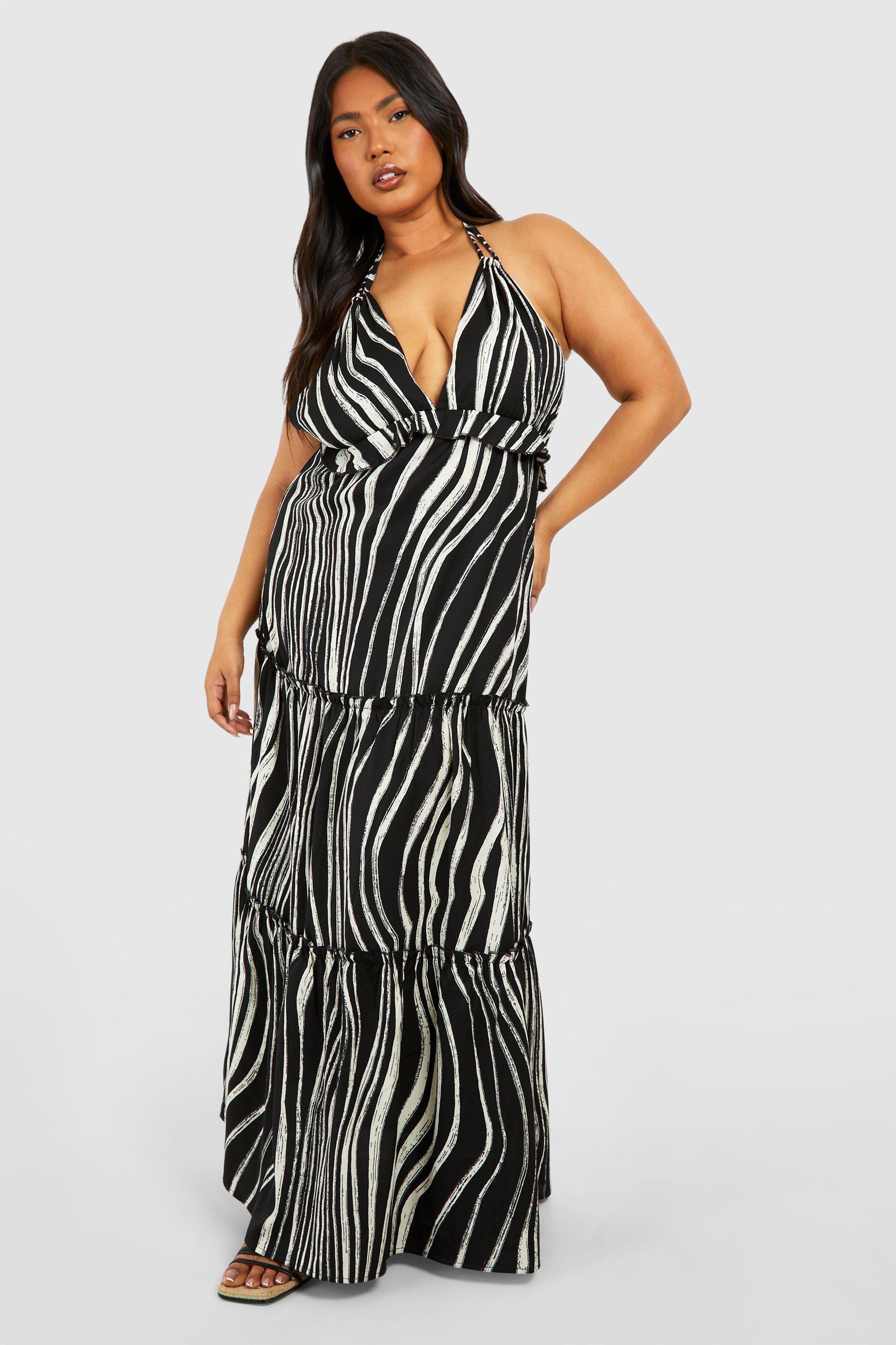 Image of Plus Abstract Print Halterneck Tiered Maxi Dress, Nero