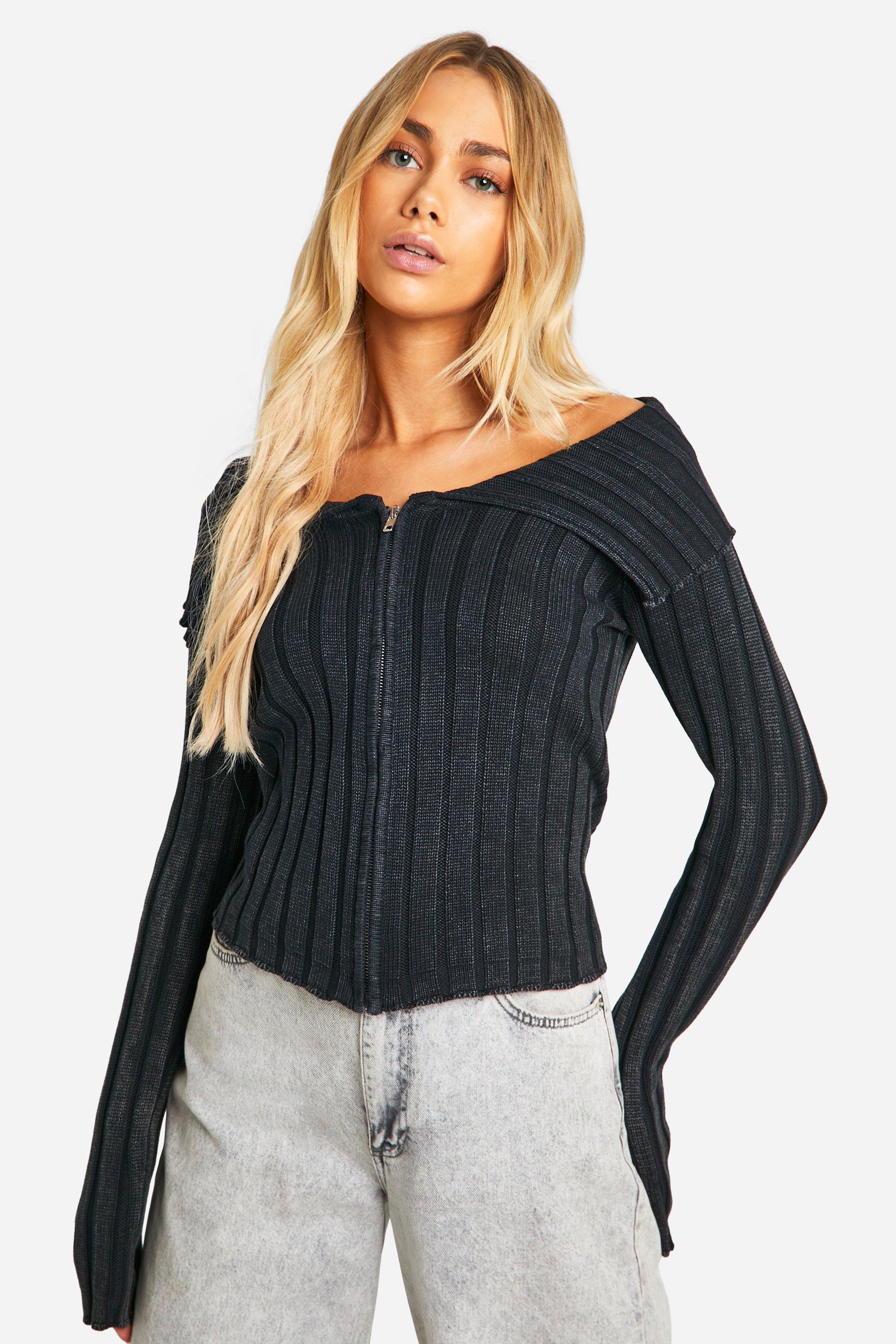 Image of Acid Wash Wide Rib Zip Through Off The Shoulder Knit Top, Nero