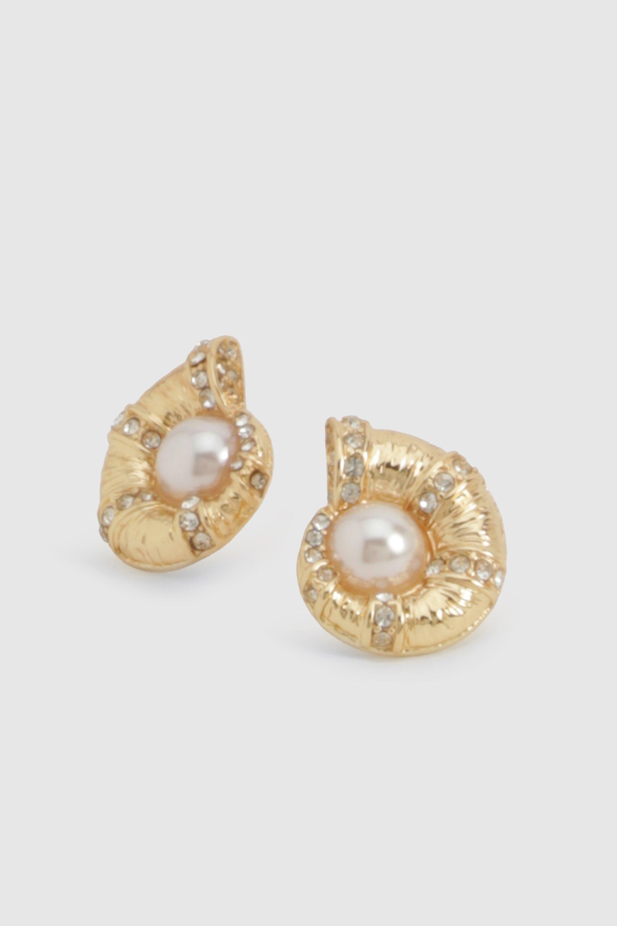 Image of Embellished Pearl Sea Shell Stud Earrings, Metallics