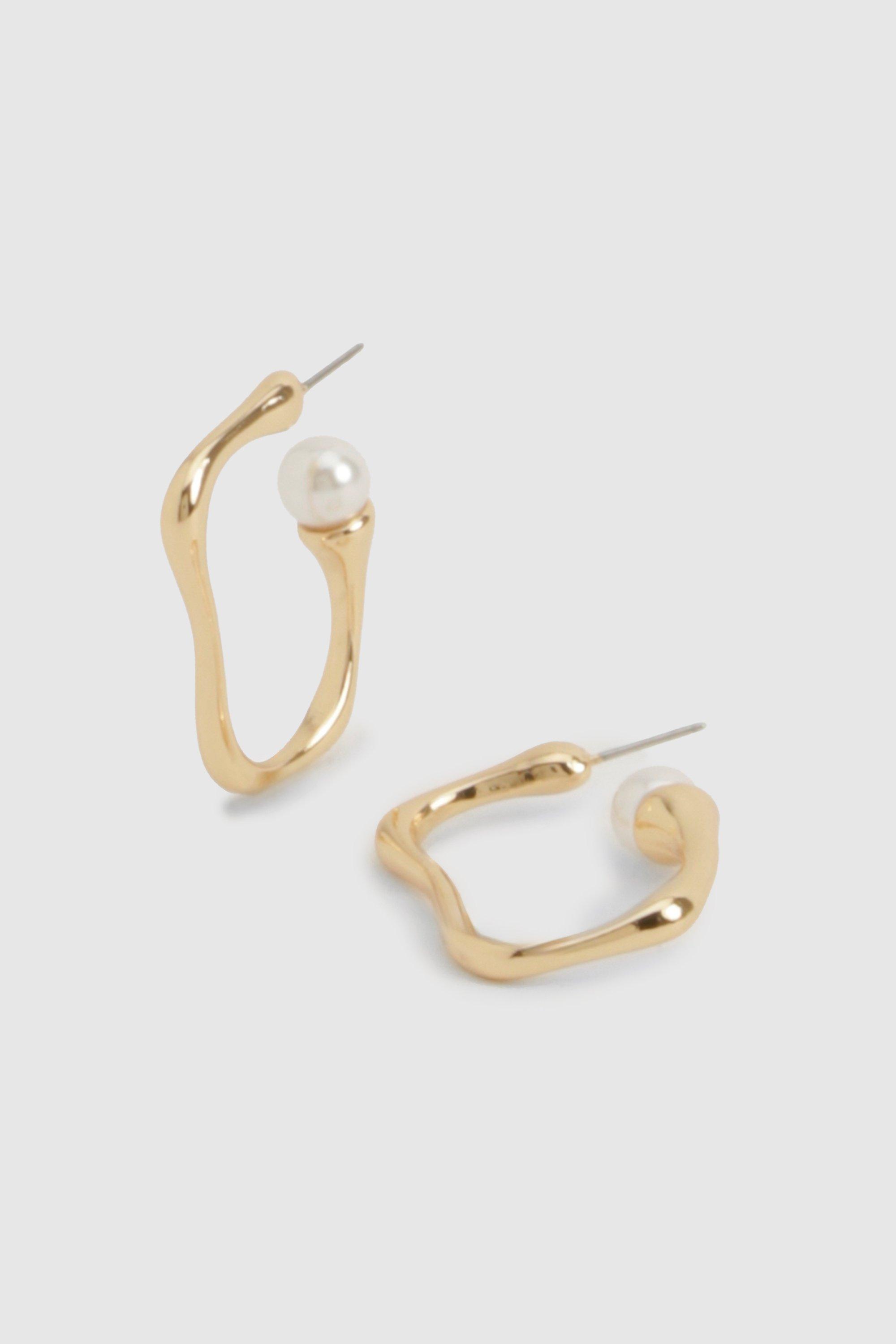 Womens Abstract Pearl Detail Hoop Earrings - Gold - One Size, Gold