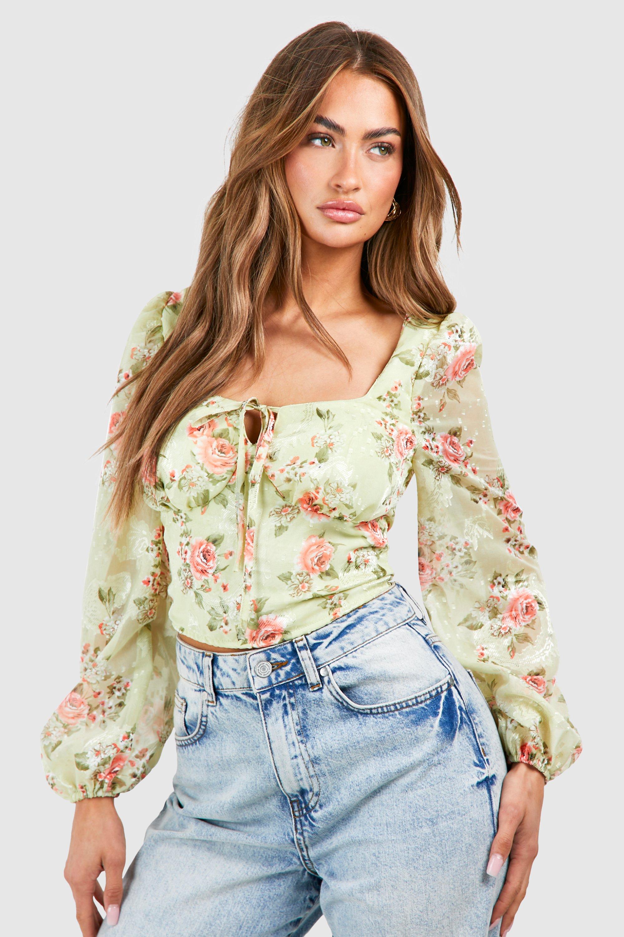 Image of Floral Balloon Sleeve Corset, Verde
