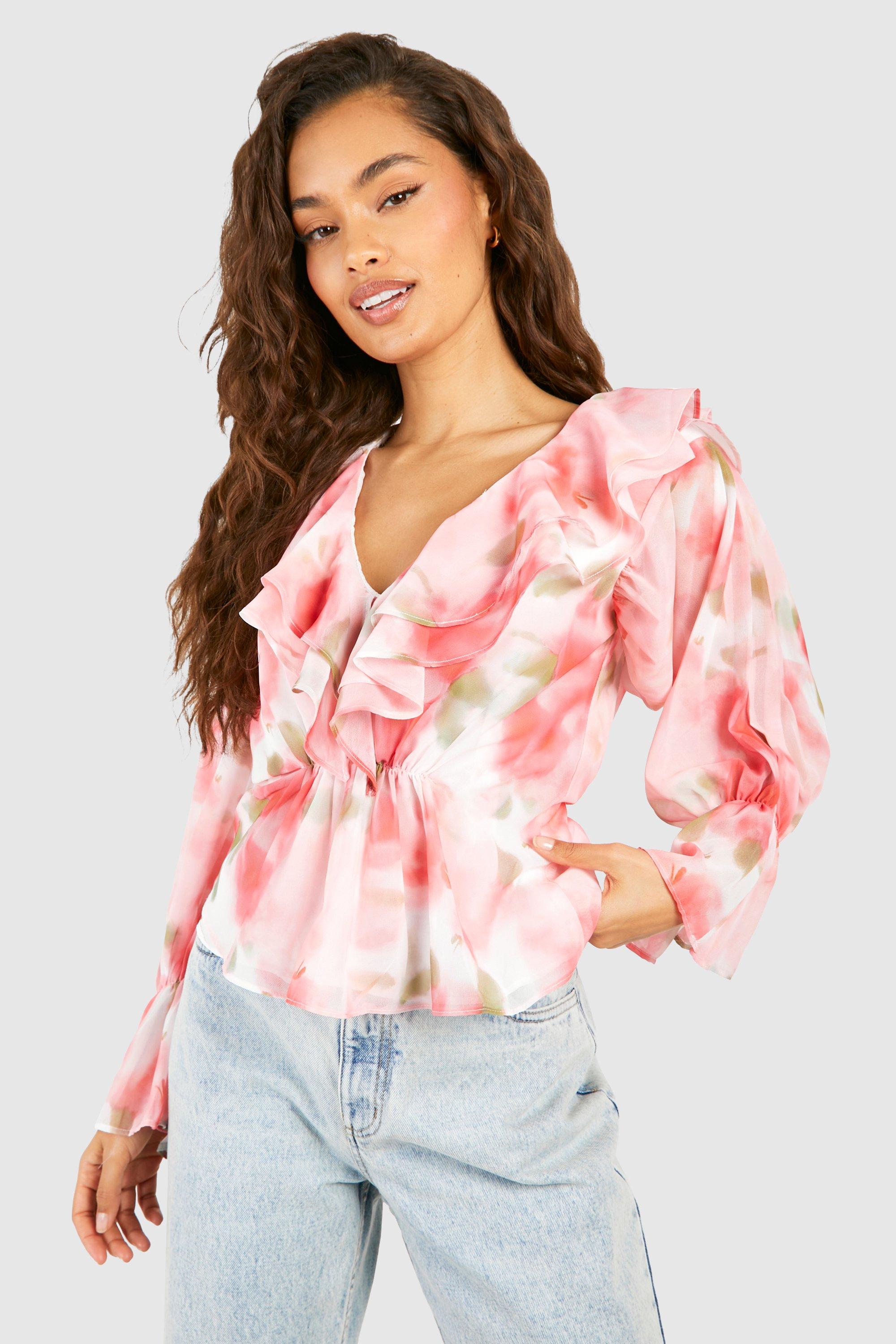 Image of Blurred Floral Chiffon Ruffle Blouse, Pink