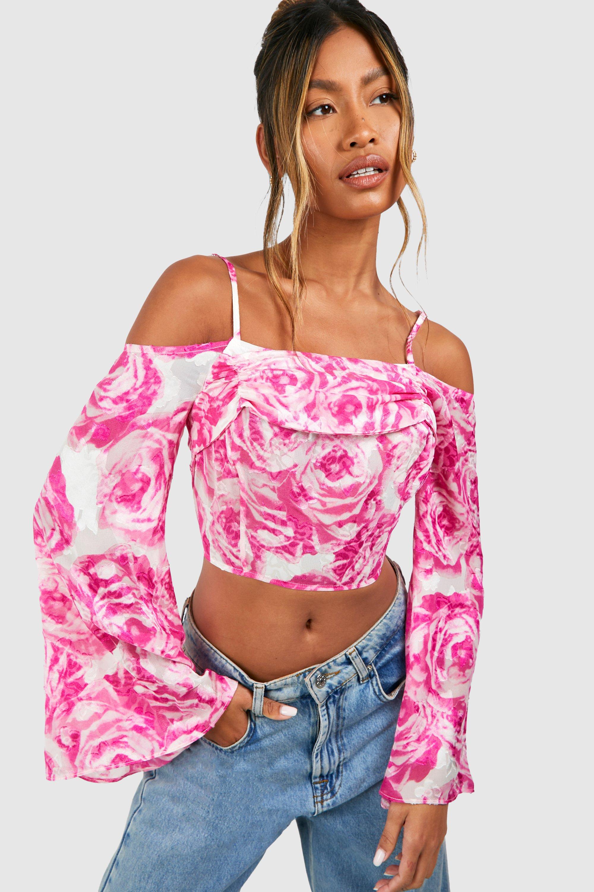 Image of Floral Satin Drape Flare Sleeve Corset Top, Pink