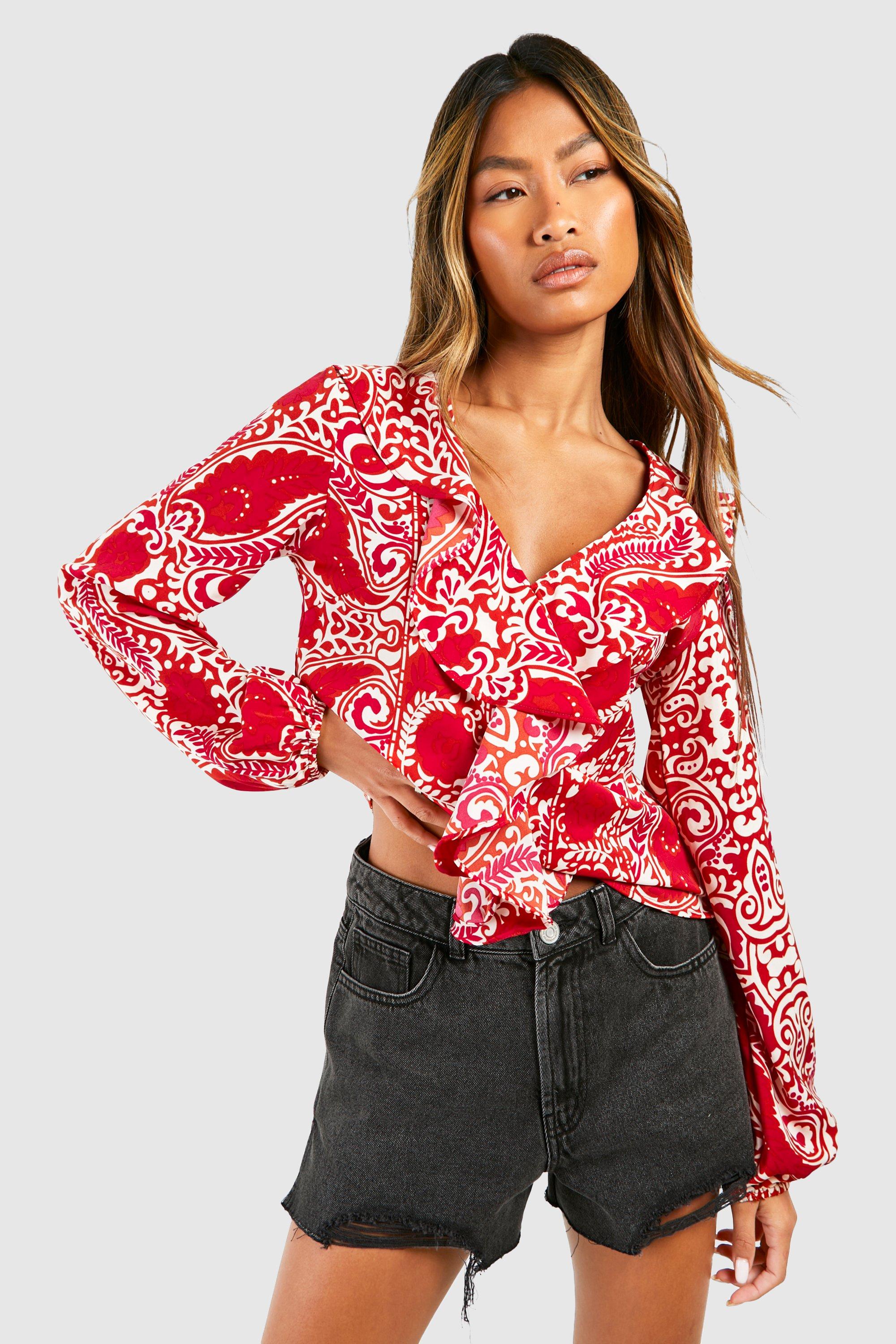 Image of Paisley Ruffle Tie Front Blouse, Rosso