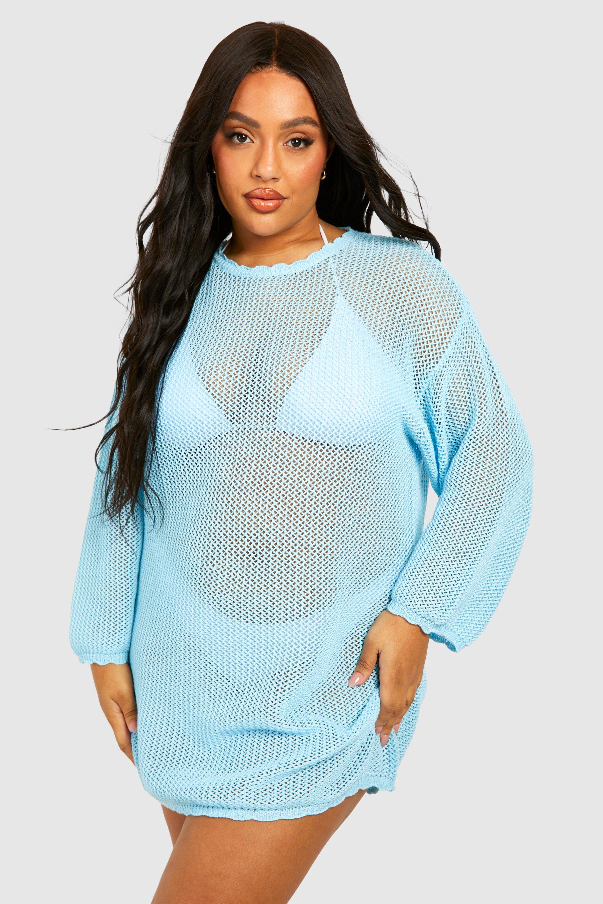 Image of Plus Knitted Crochet Beach Dress, Azzurro