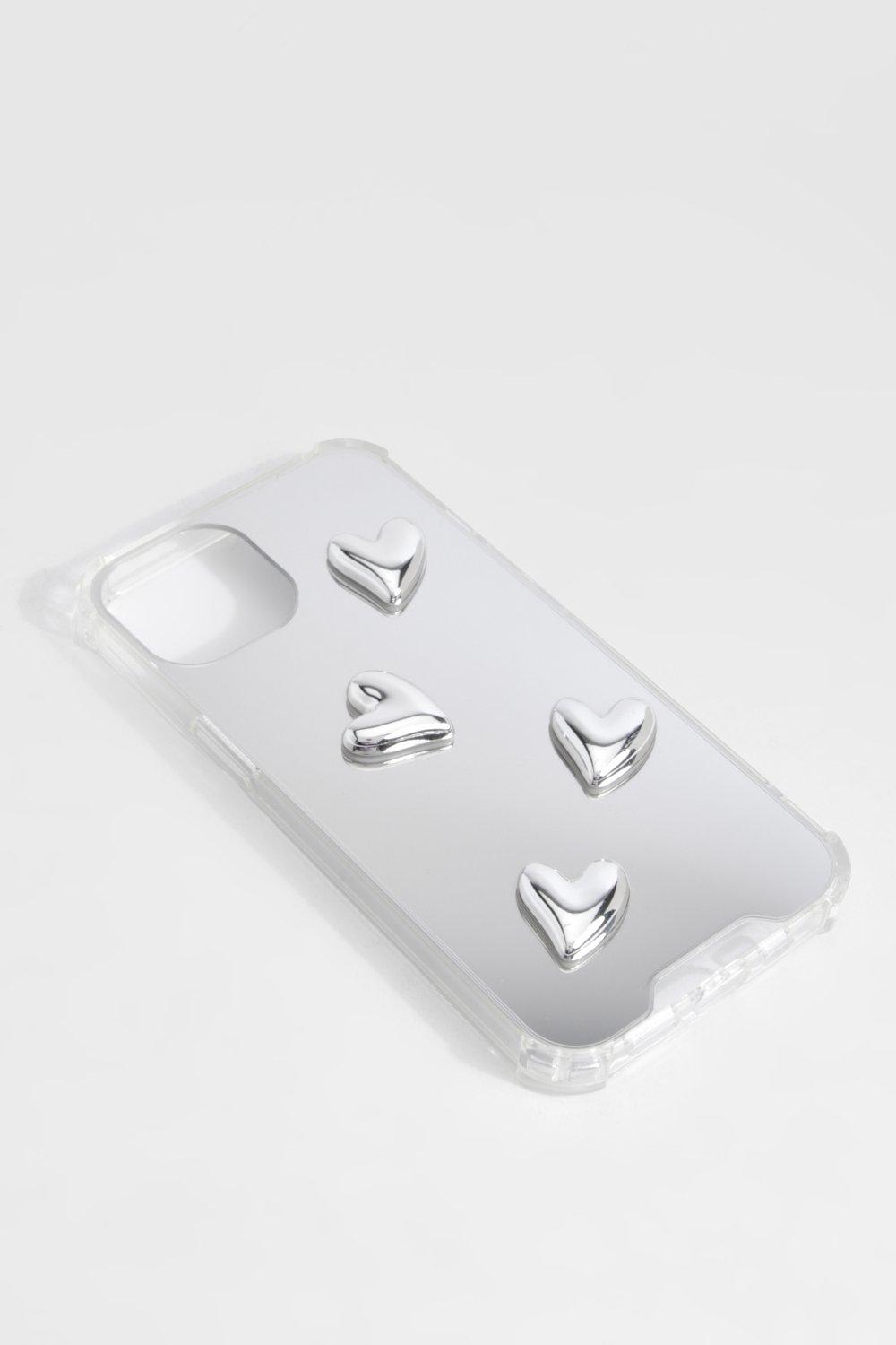 Womens Metallic Mirrored Heart Detail Phone Case - Grey - Iphone 14, Grey