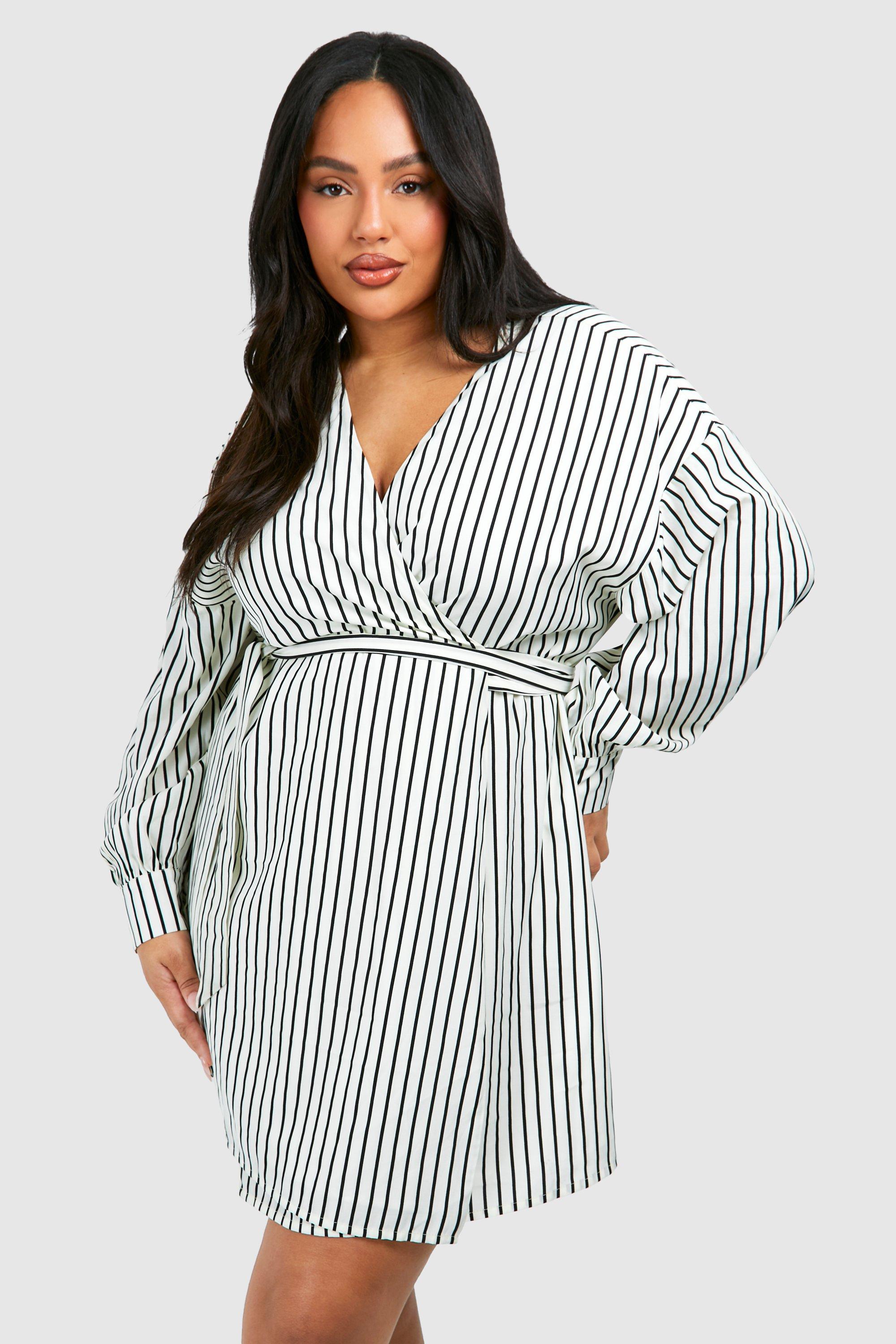 Image of Plus Stripe Wrap Belted Shirt Dress, Bianco