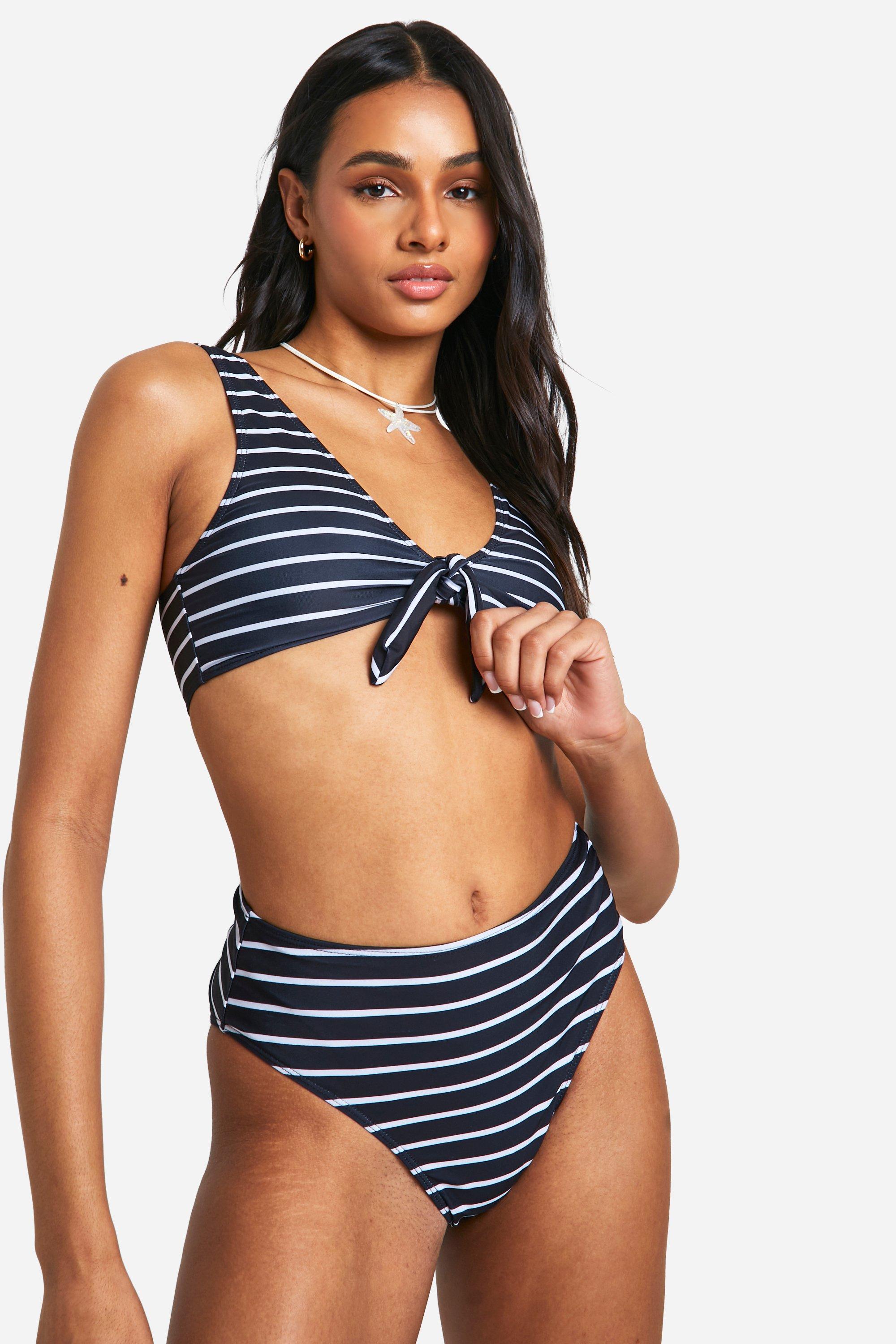 Boohoo Tall Stripe High Waist Bikini Set, Black