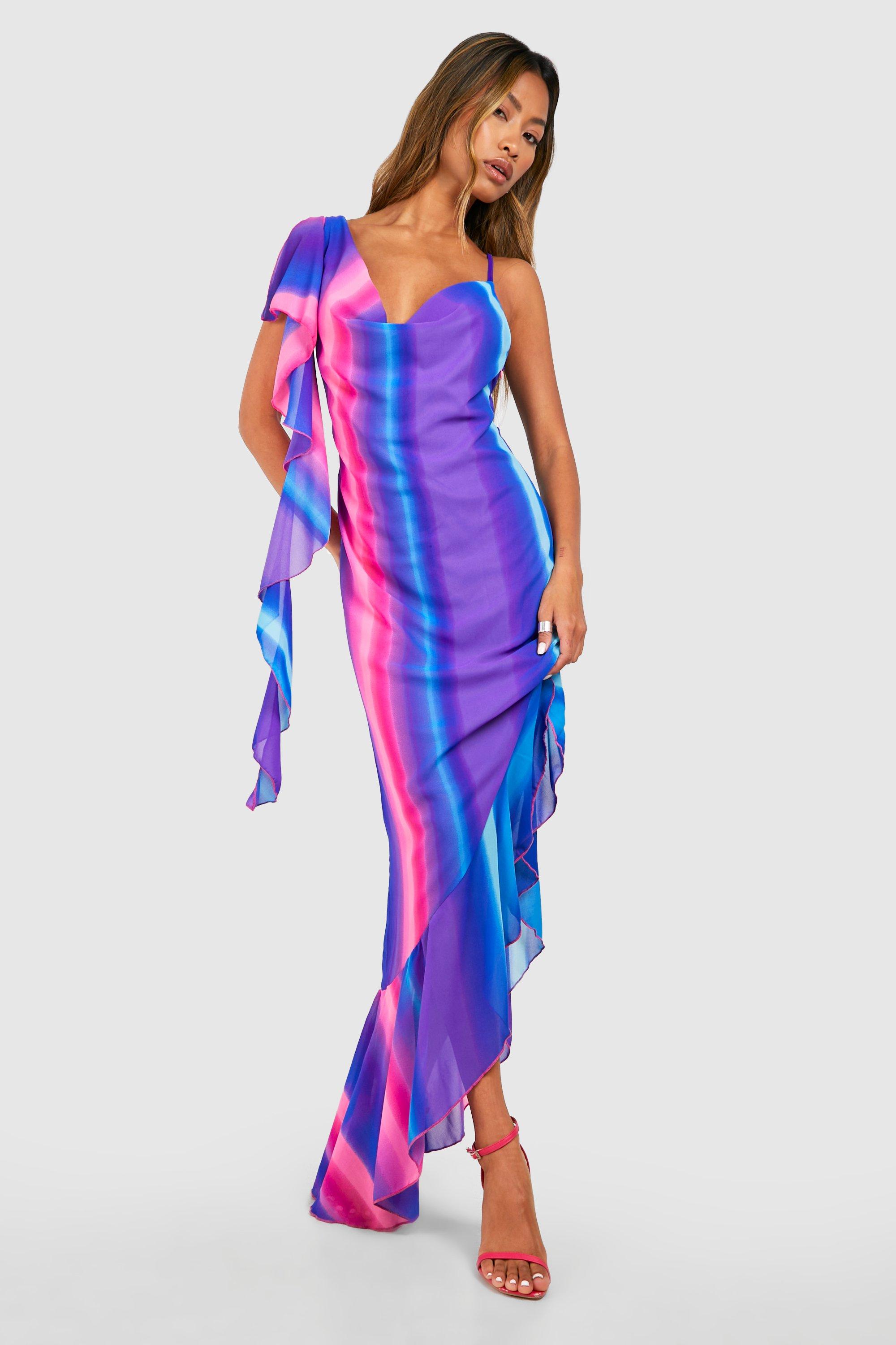 Image of Ombre Print Ruffle Cowl Neck Midaxi Dress, Azzurro