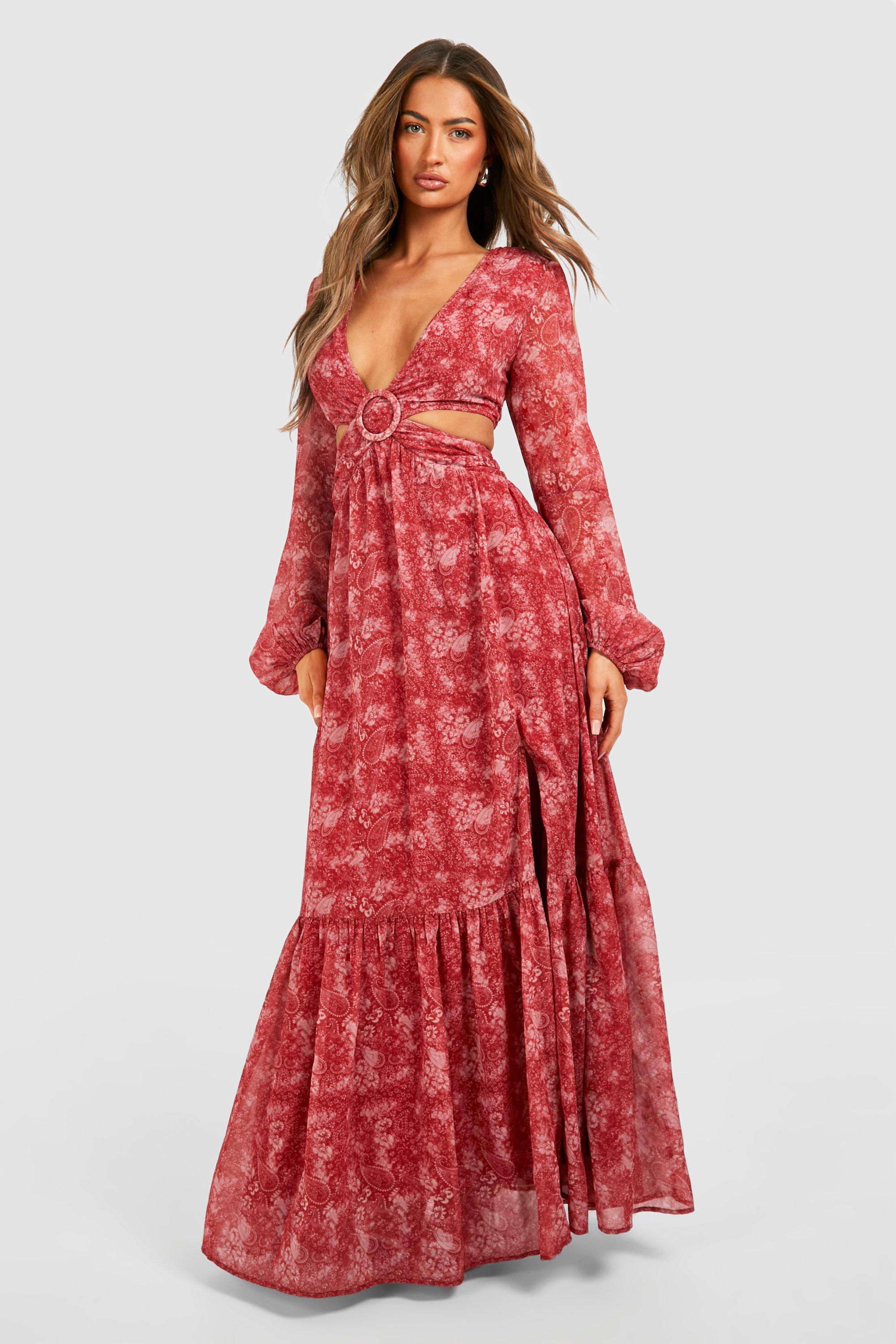 Image of Paisley Print Cut Out Maxi Dress, Rosso