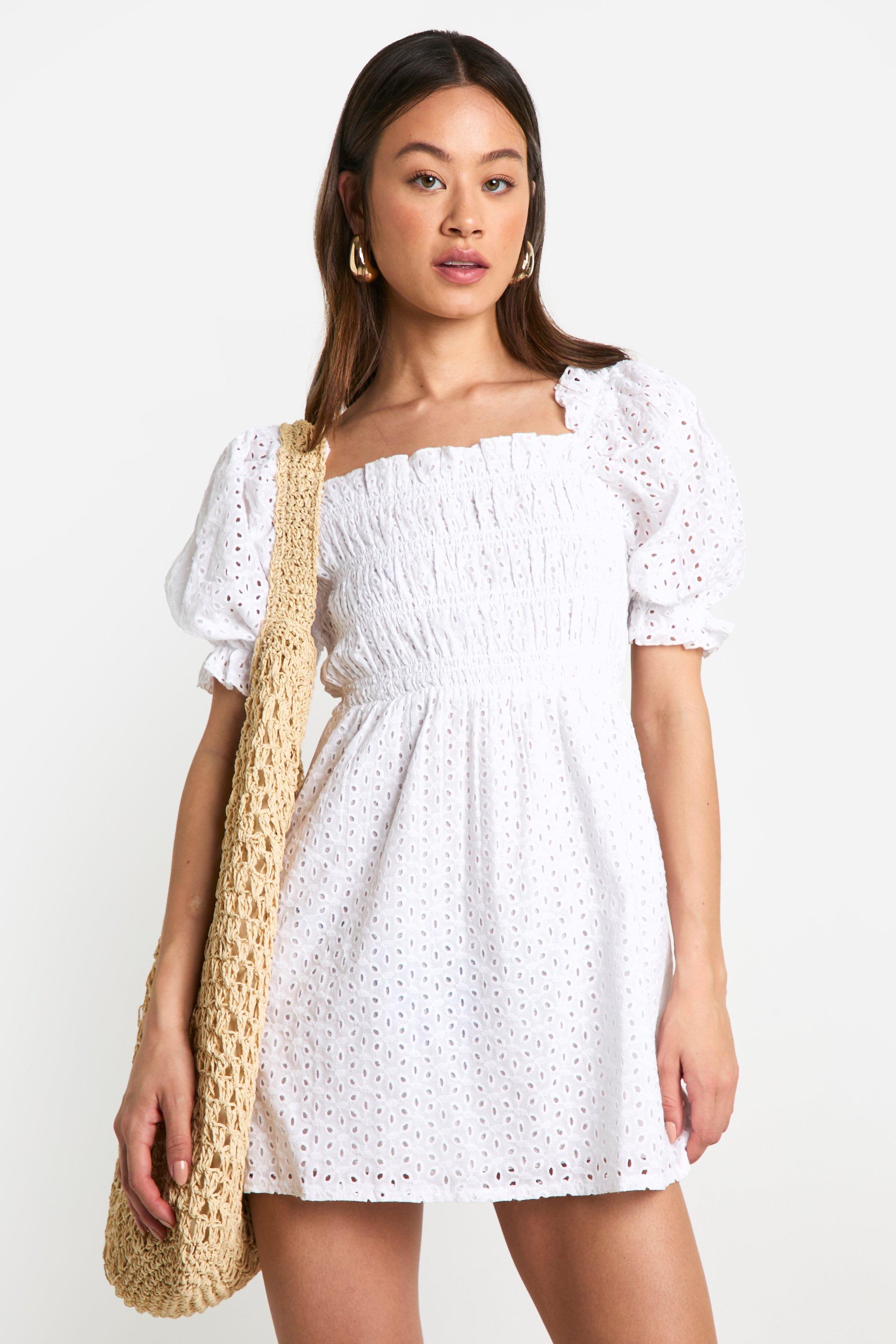 Image of Petite Broderie Puff Sleeve Shirred Dress, Bianco