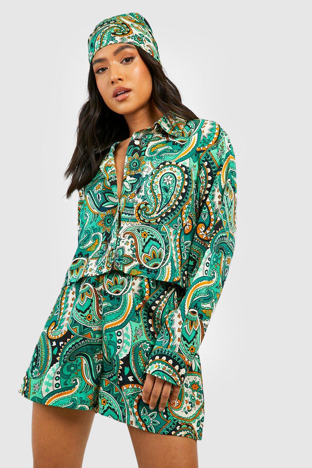 Image of        Petite Paisley Shirt Headscarf And Short Co-ord, Verde