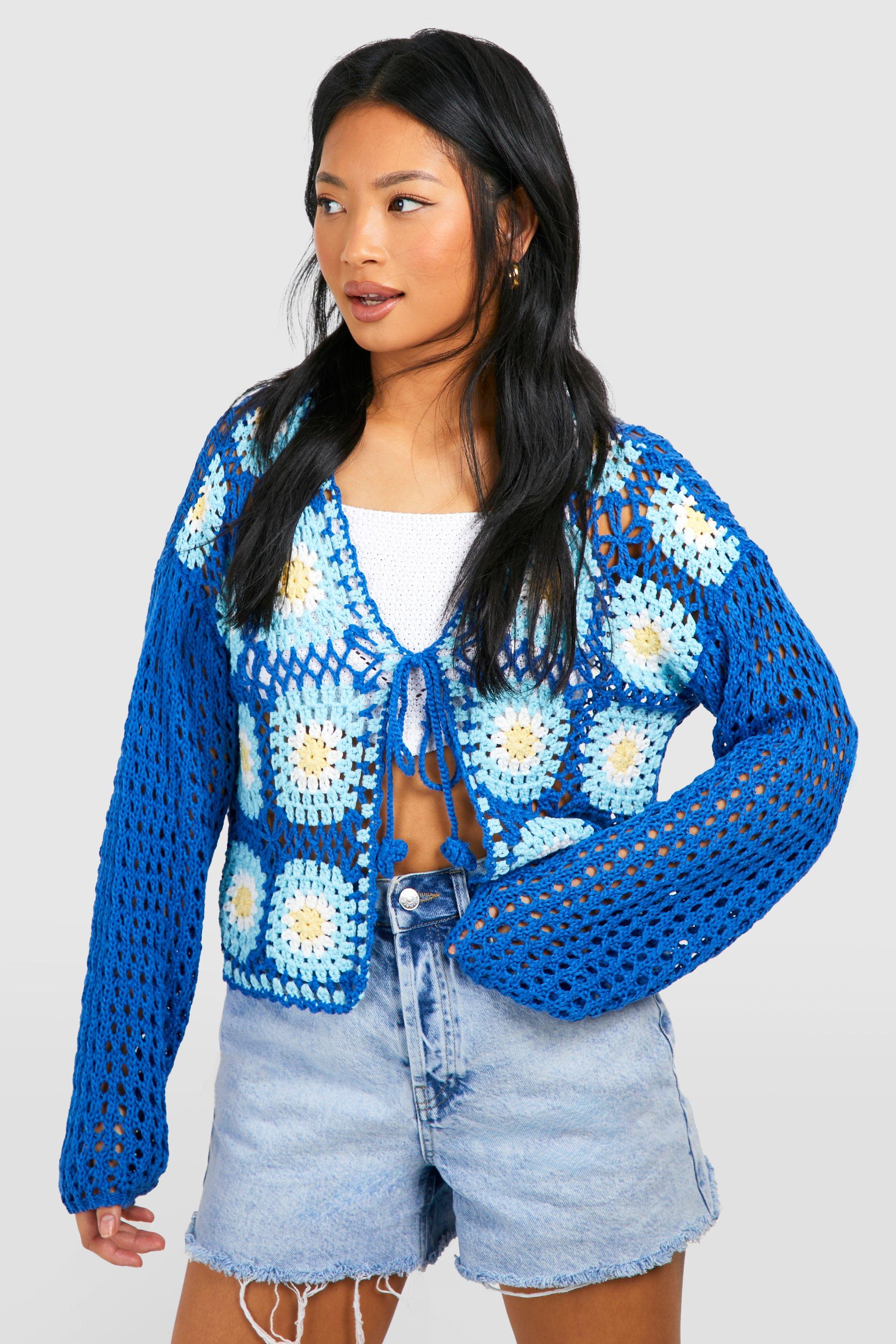 Image of Petite Patchwork Crochet Tie Front Cardigan, Azzurro