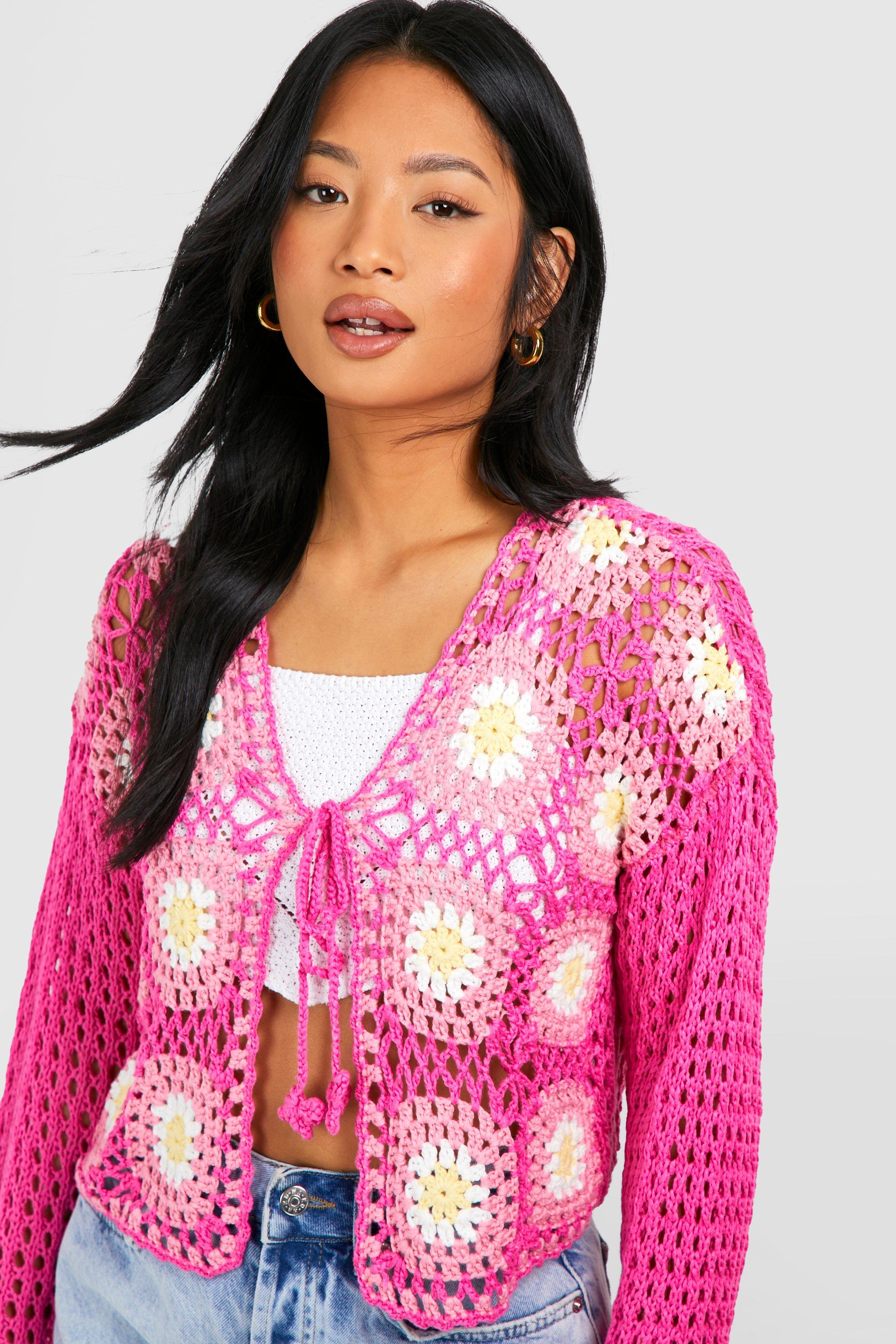 Image of Petite Patchwork Crochet Tie Front Cardigan, Pink