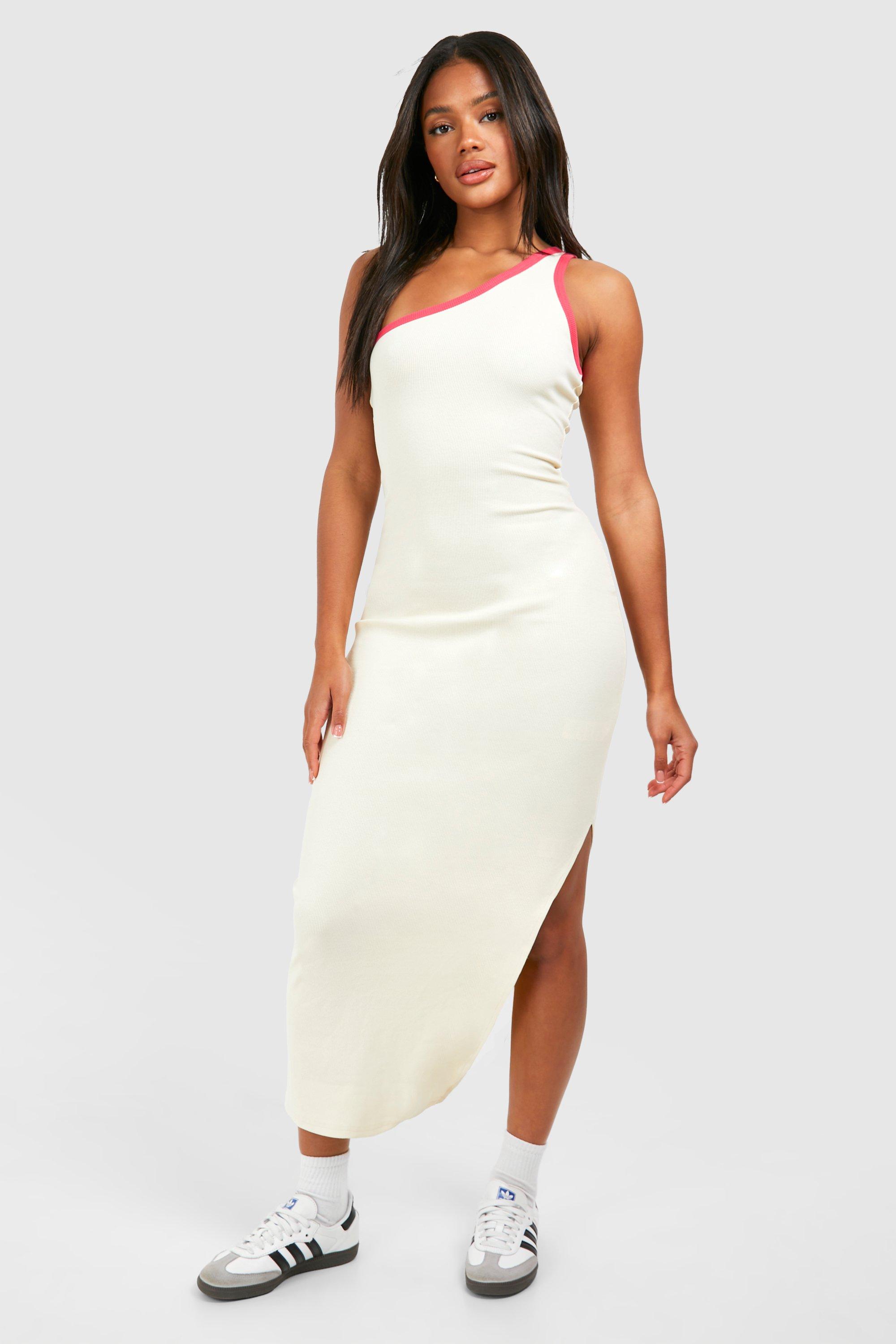 Image of Premium Contrast Rib One Shoulder Midaxi Dress, Bianco