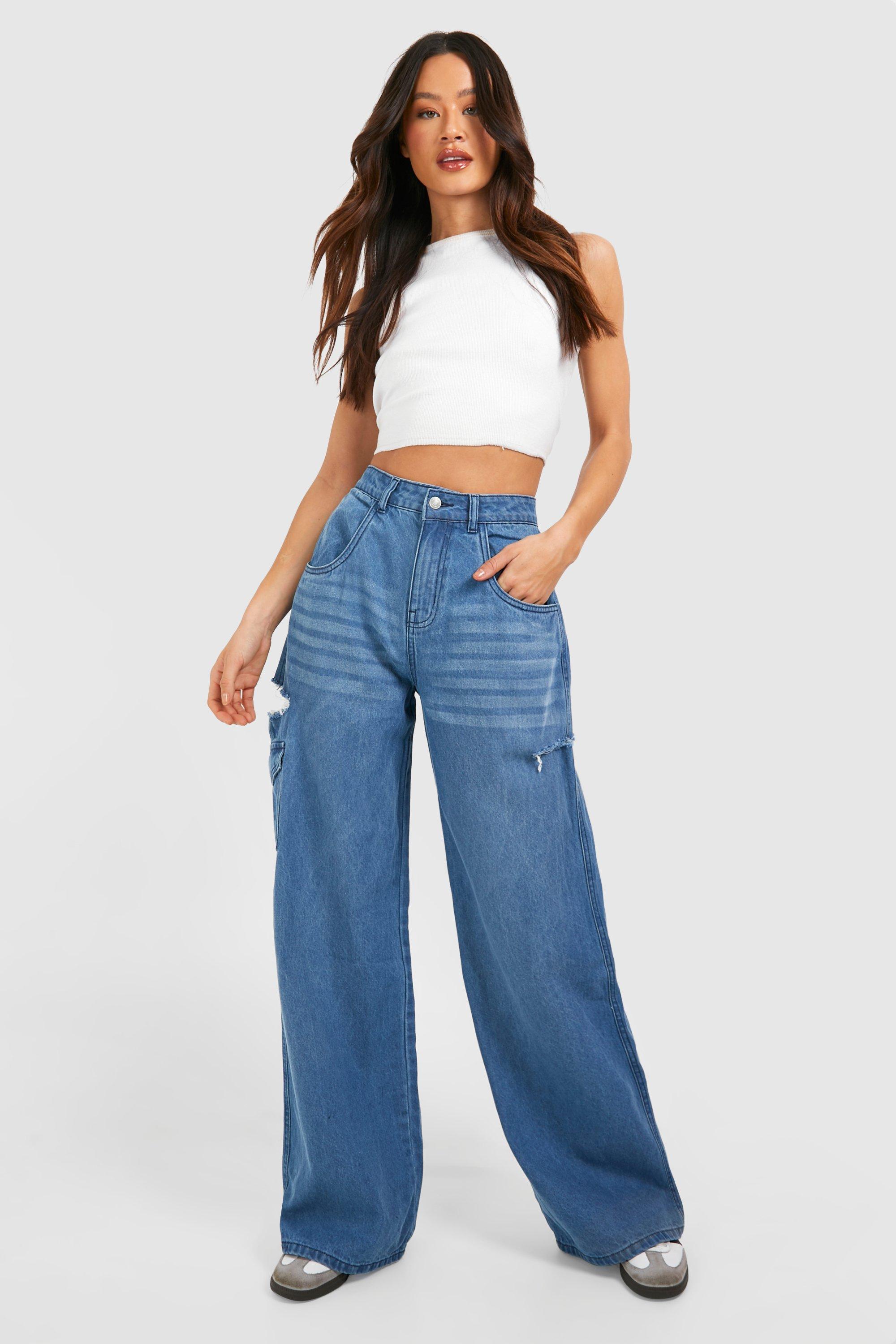 Image of Tall Blue Washed Side Rip Wide Leg Jeans, Azzurro