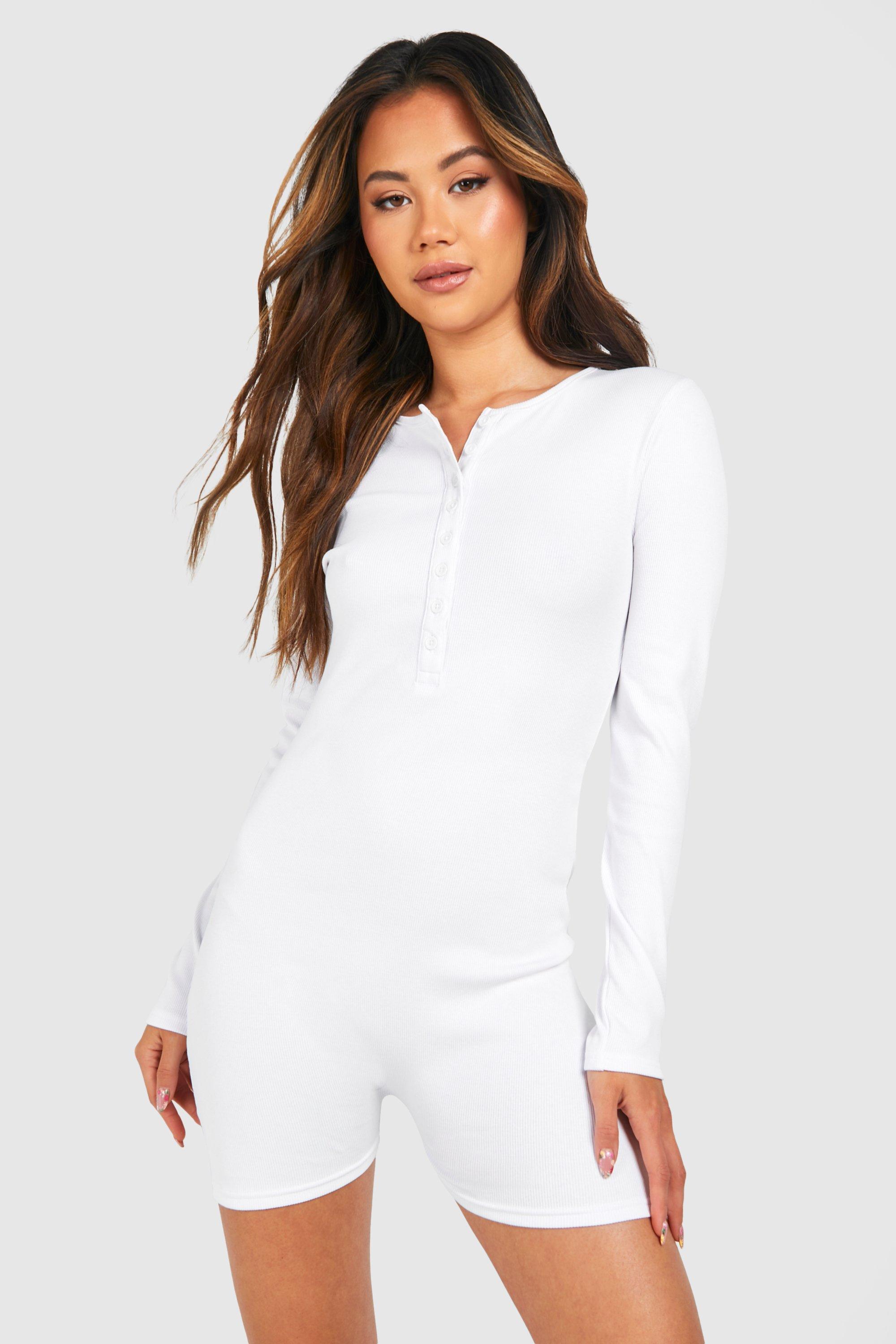 Womens Premium Rib Button Front Playsuit - White - 14, White