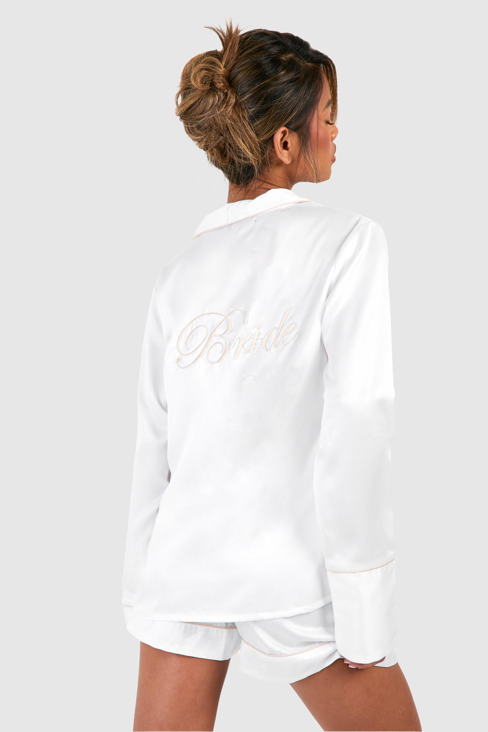 Image of Bride Embroidered Long Sleeve Shirt & Short Set, Bianco