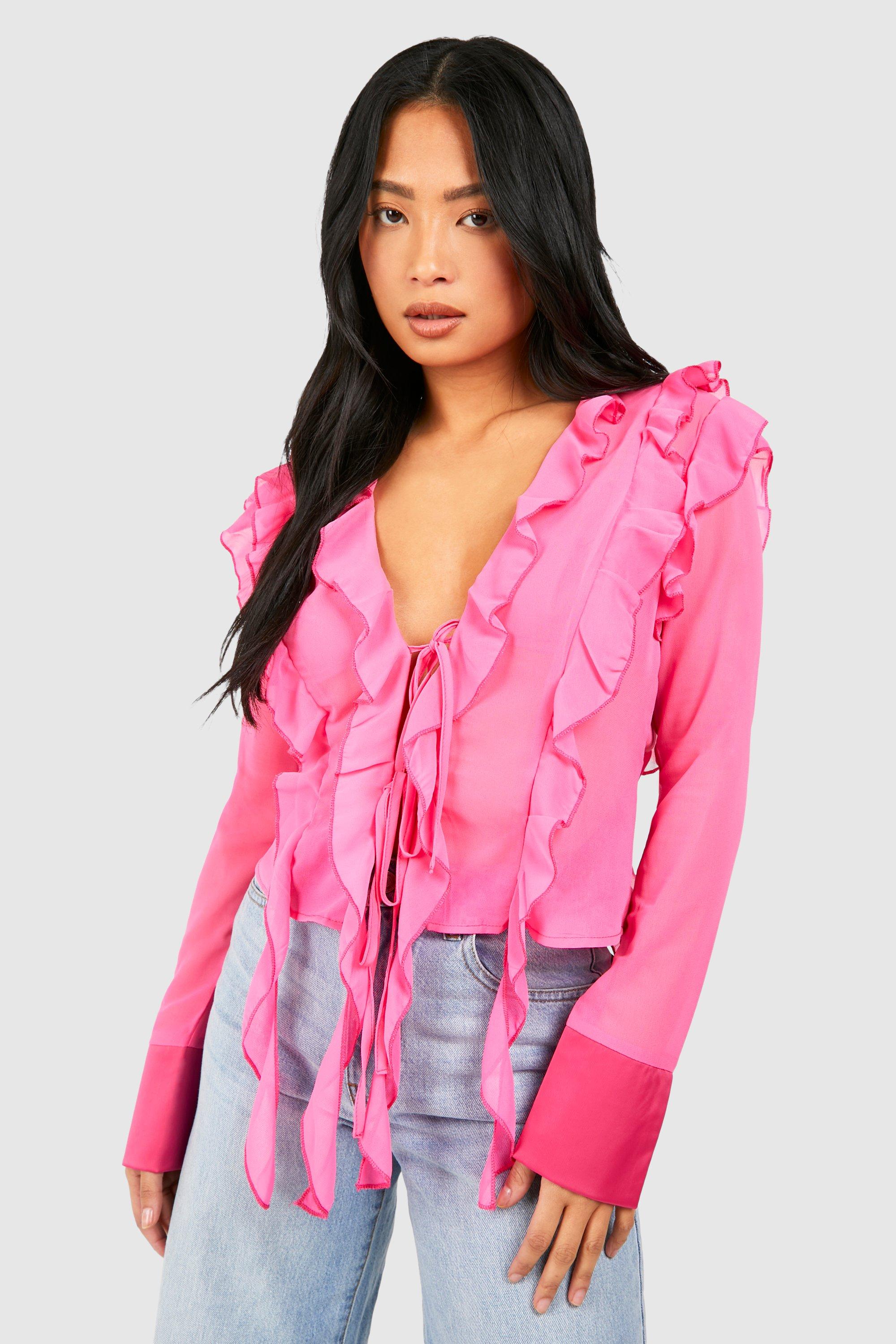 Image of Petite Ruffle Detail Tie Front Top, Pink