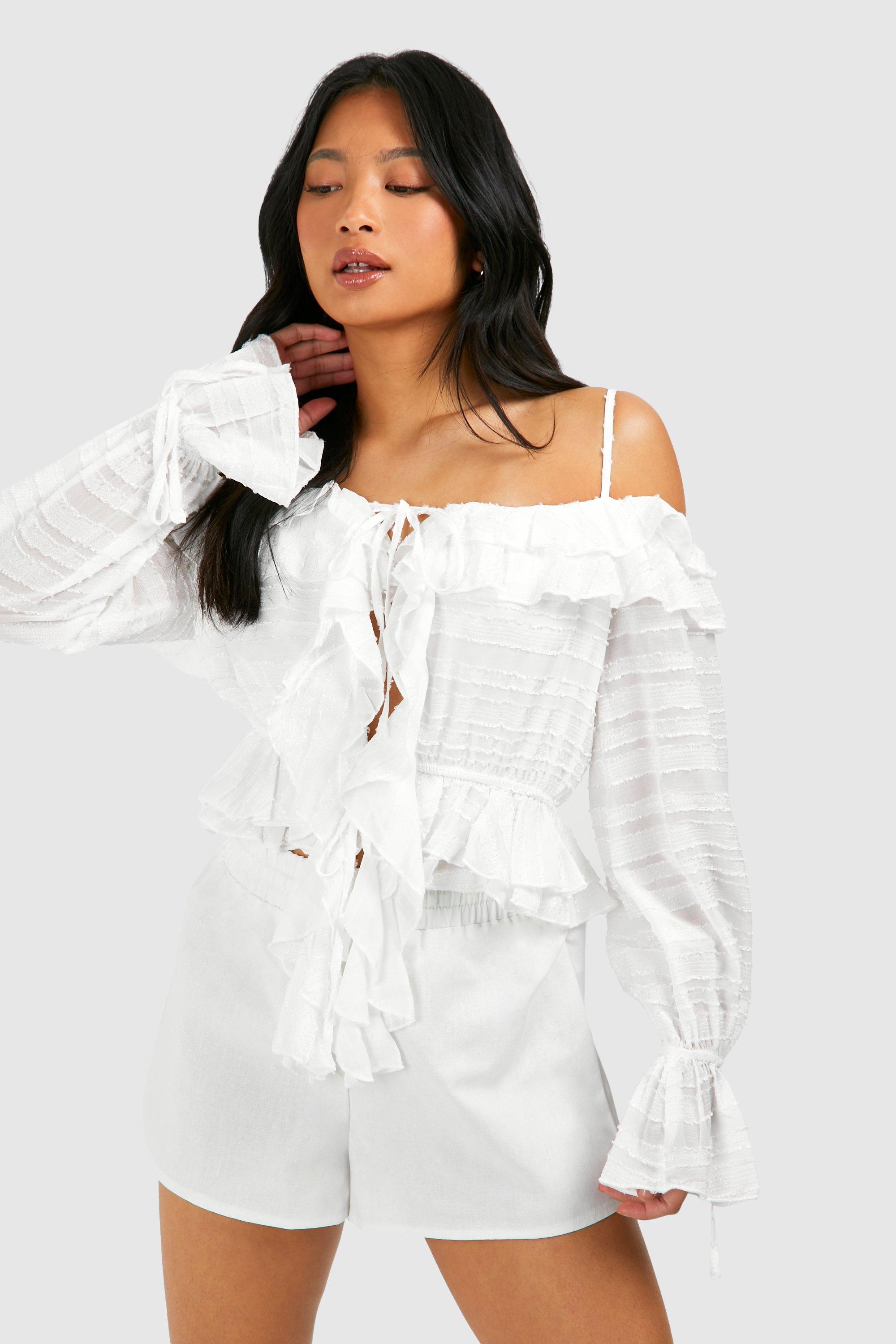 Image of Pettie Ruffle Detail Off The Shoulder Top, Bianco