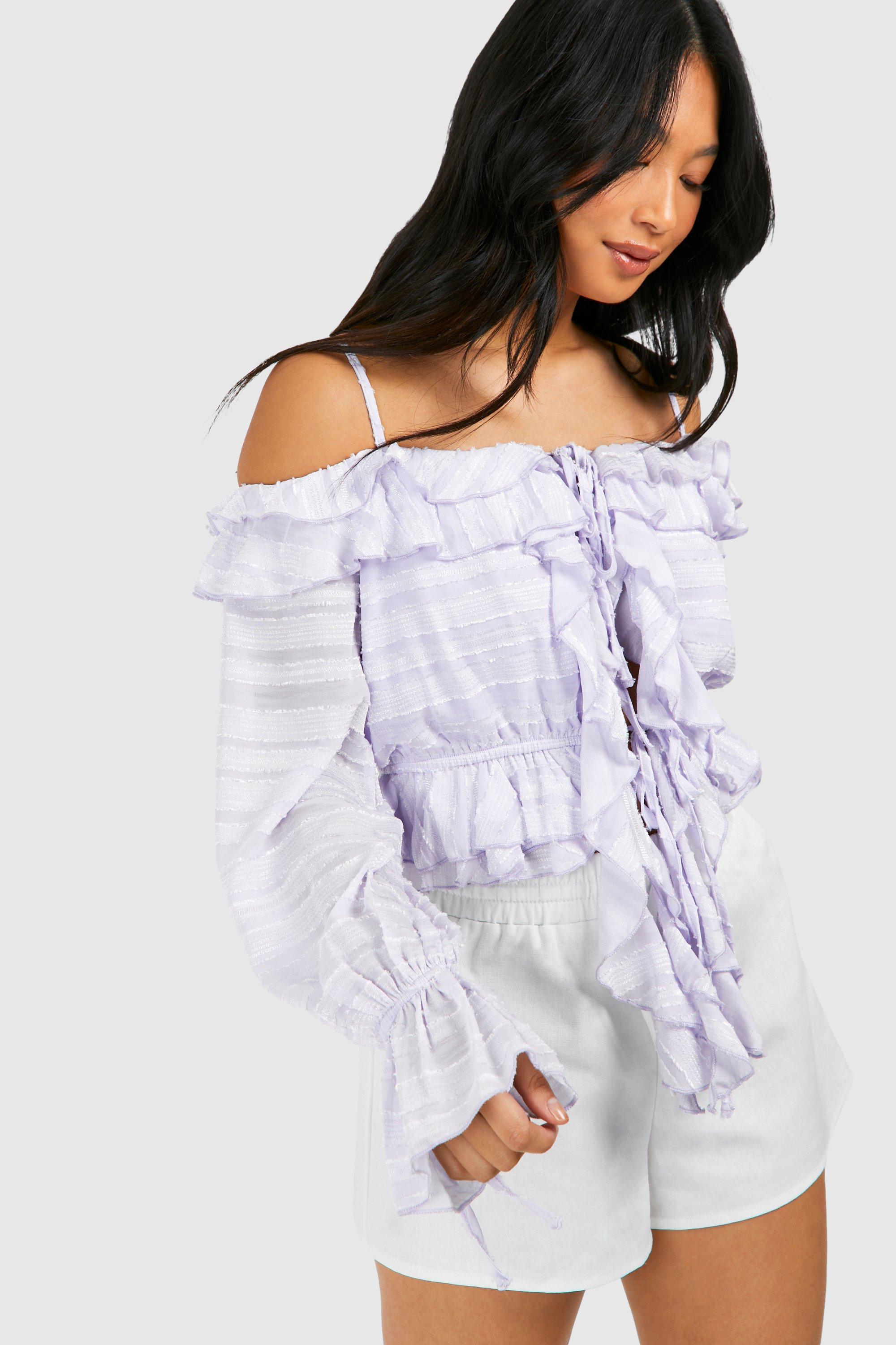 Image of Pettie Ruffle Detail Off The Shoulder Top, Purple