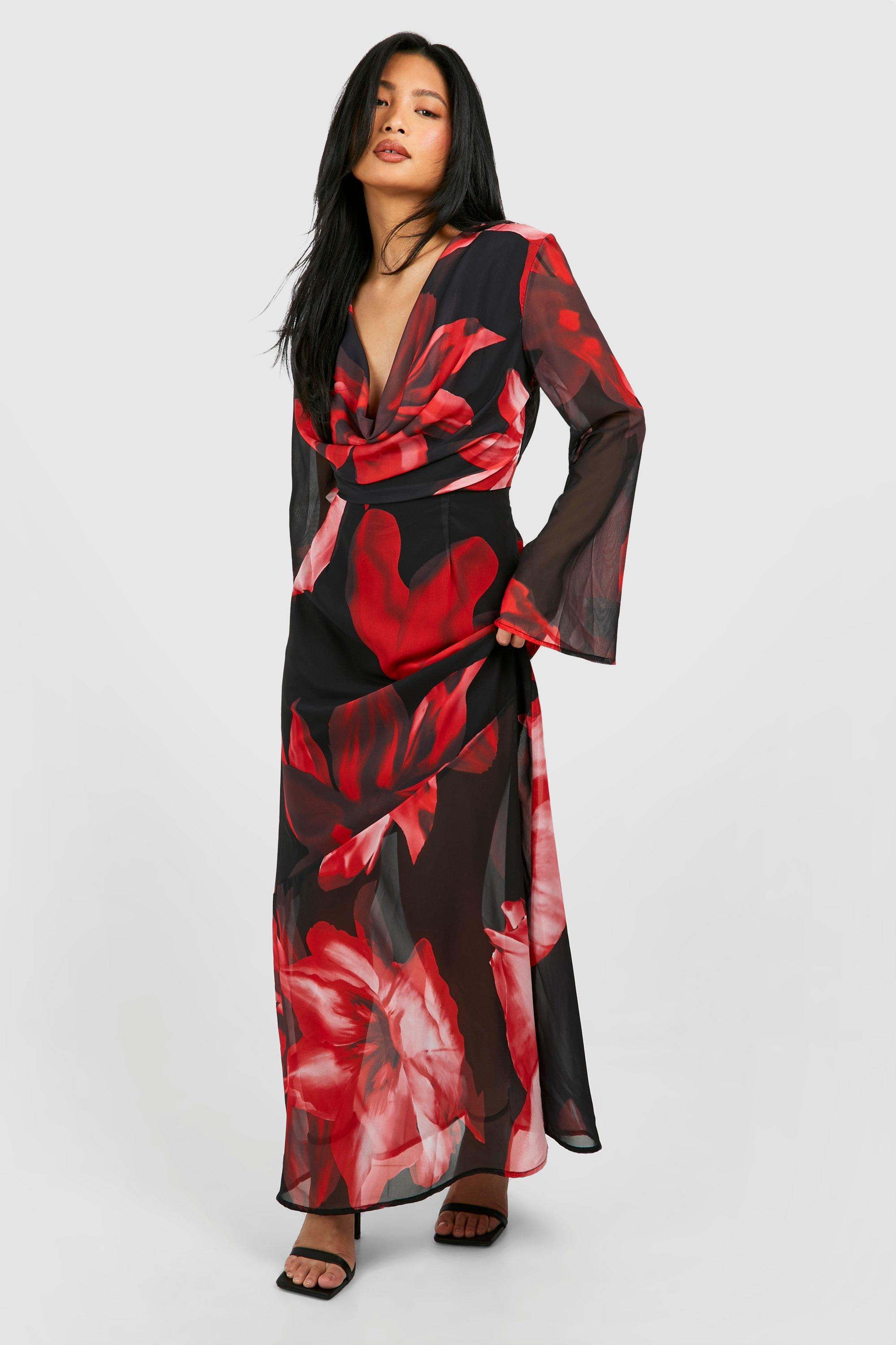 Image of Petite Bold Floral Cowl Detail Maxi Dress, Rosso