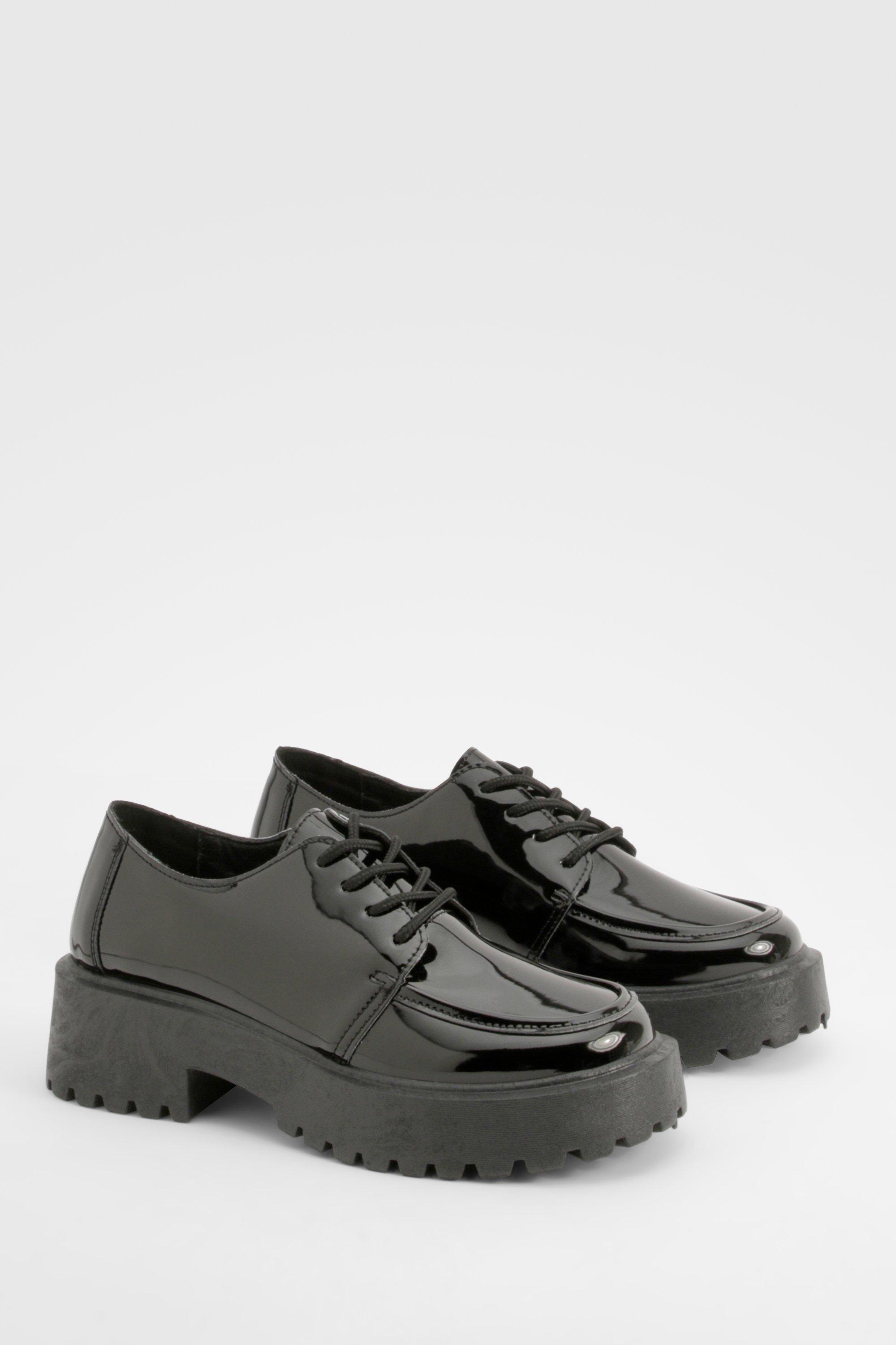Boohoo Patent Lace Up Chunky Sole Shoes, Black