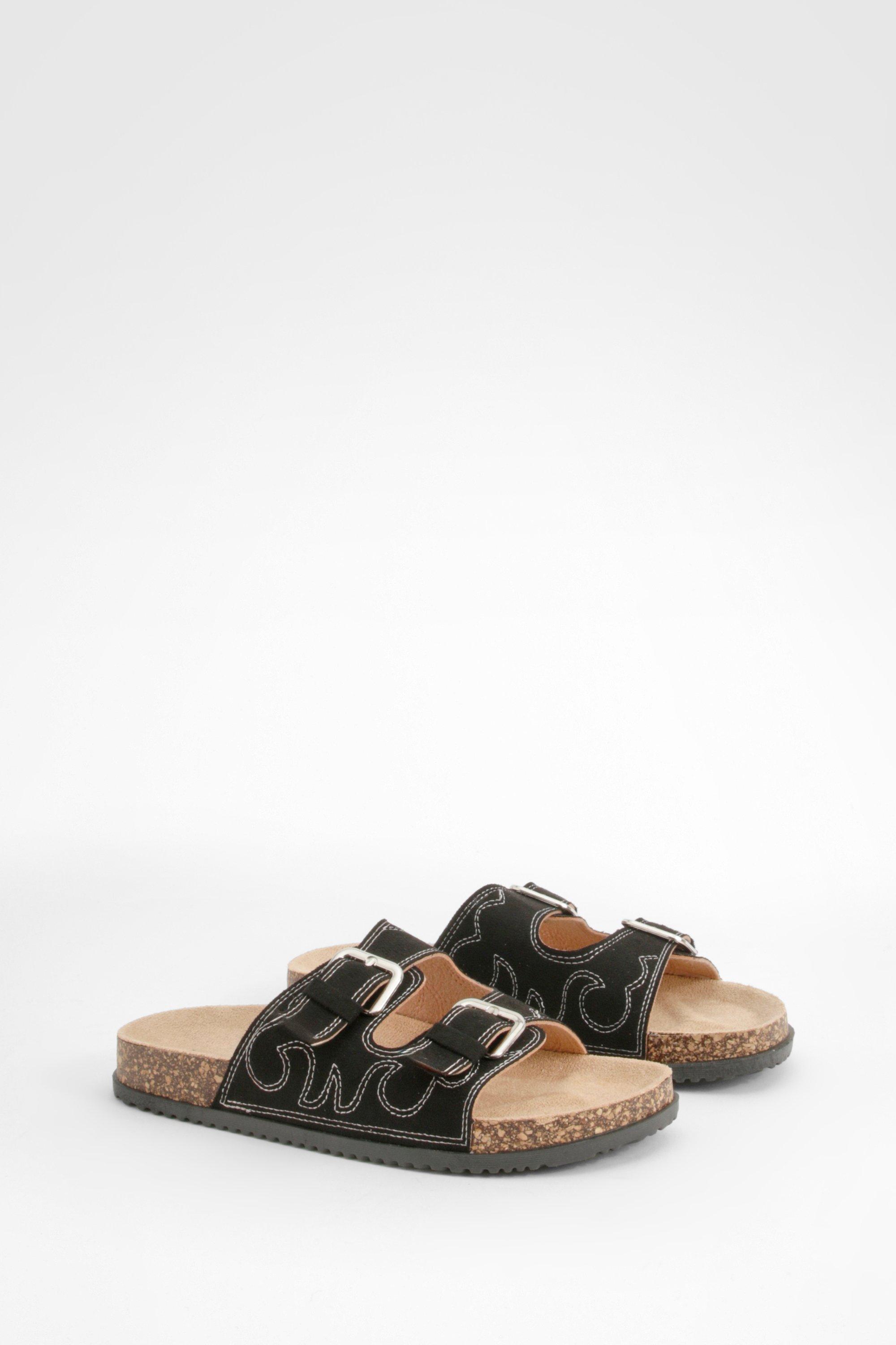 Image of Western Stitch Footbed Buckle Sliders, Nero