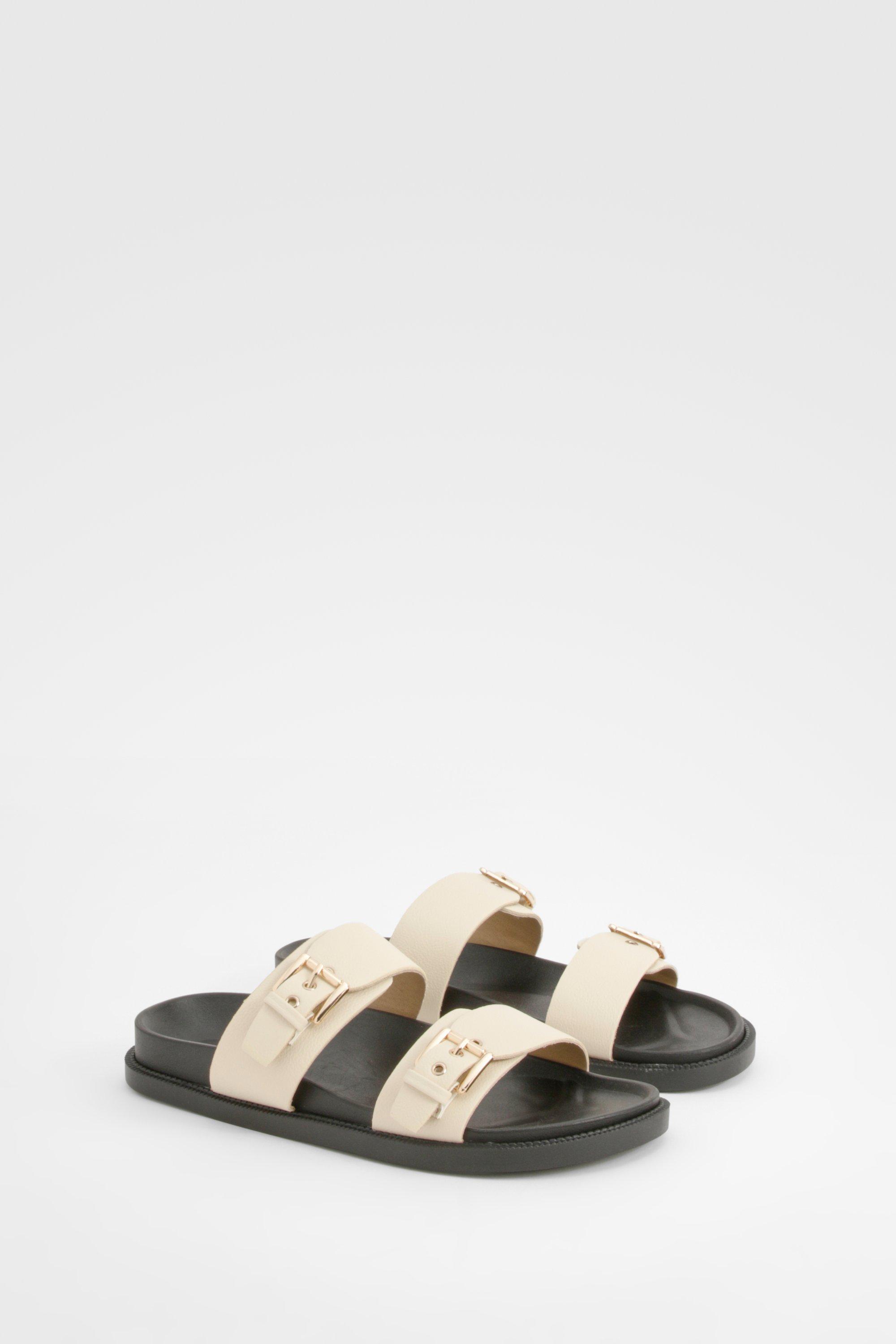 Image of Double Strap Footbed Buckle Sliders, Bianco