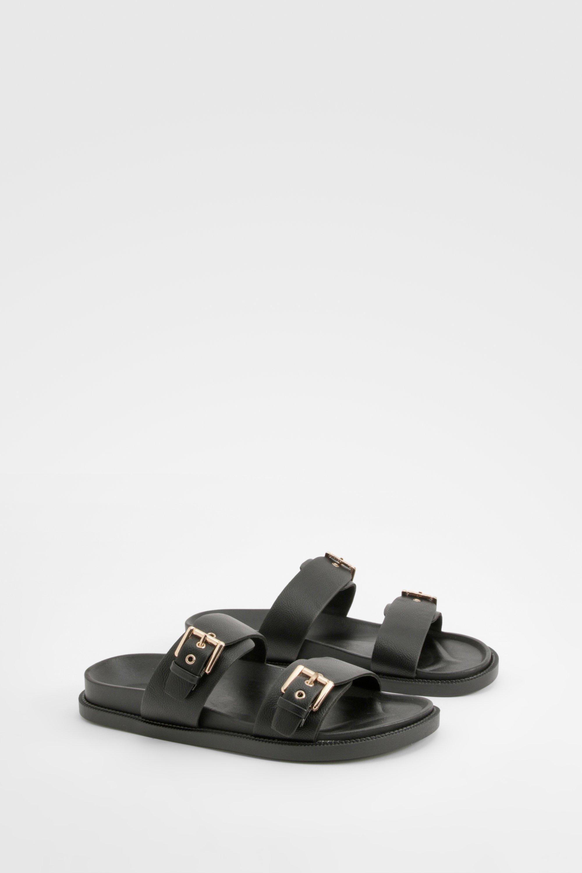 Image of Double Strap Footbed Buckle Sliders, Nero