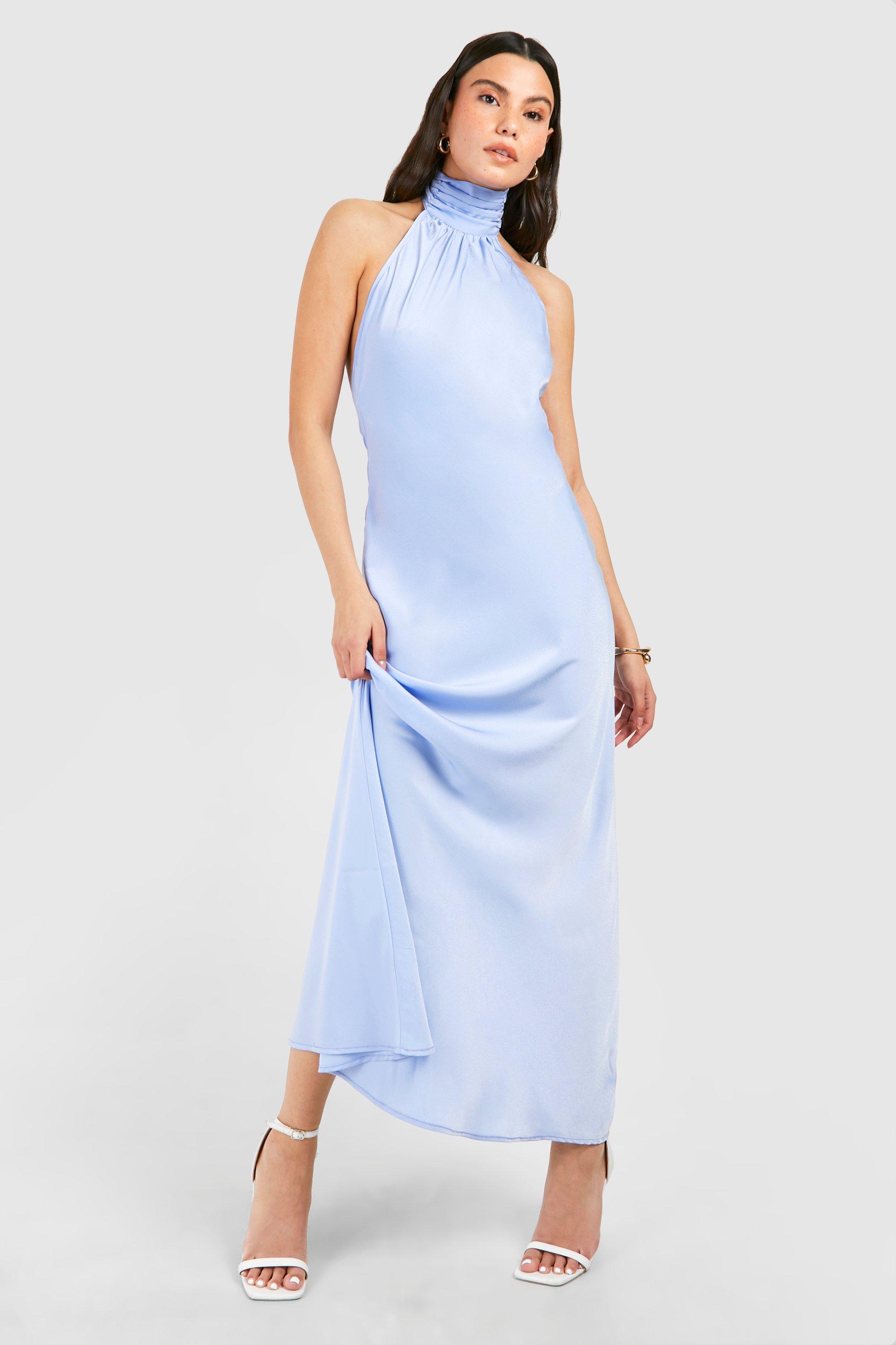 Image of Satin Halterneck Maxi Dress, Azzurro
