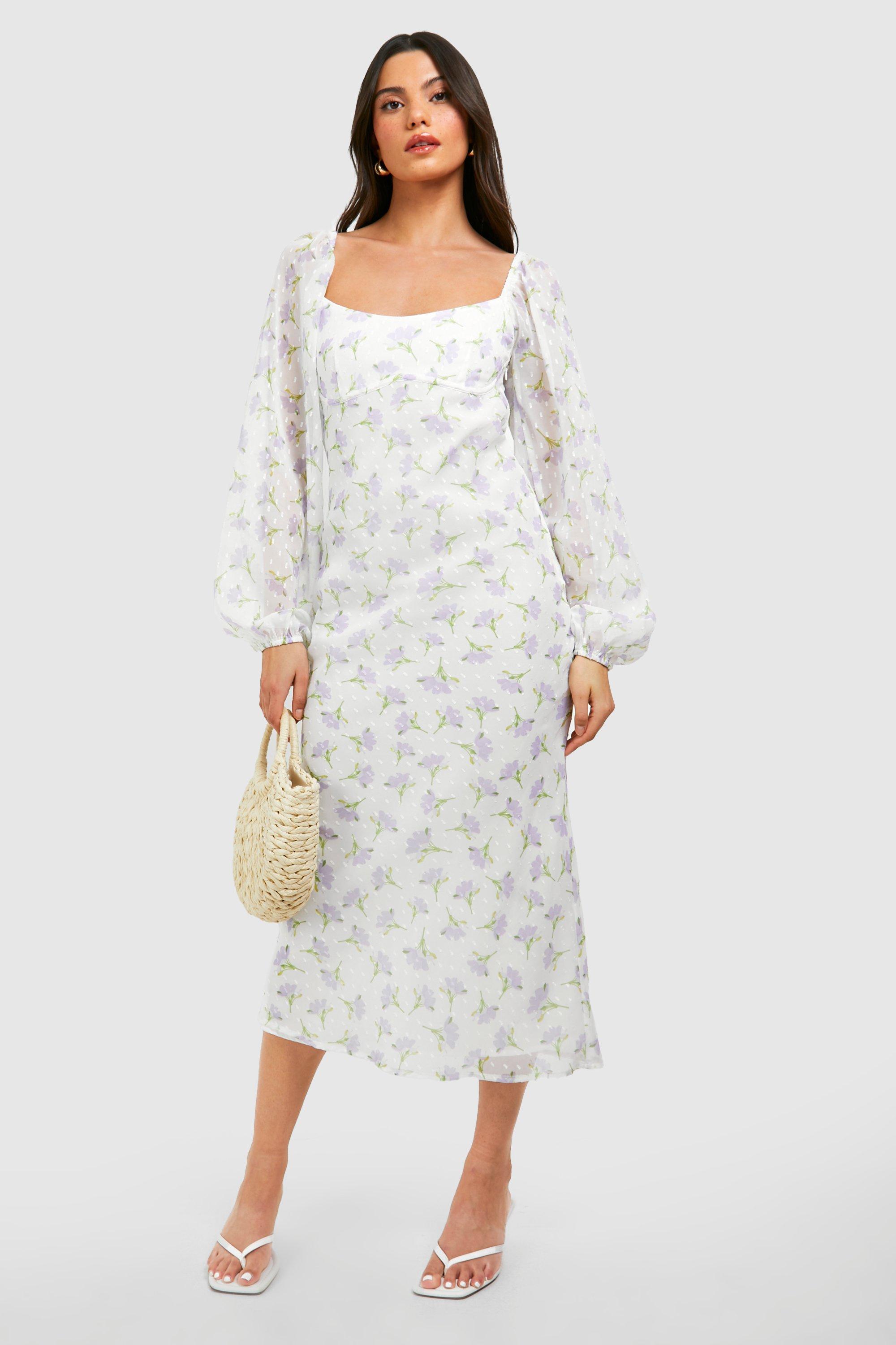 Image of Dobby Floral Puff Sleeve Midaxi Dress, Bianco