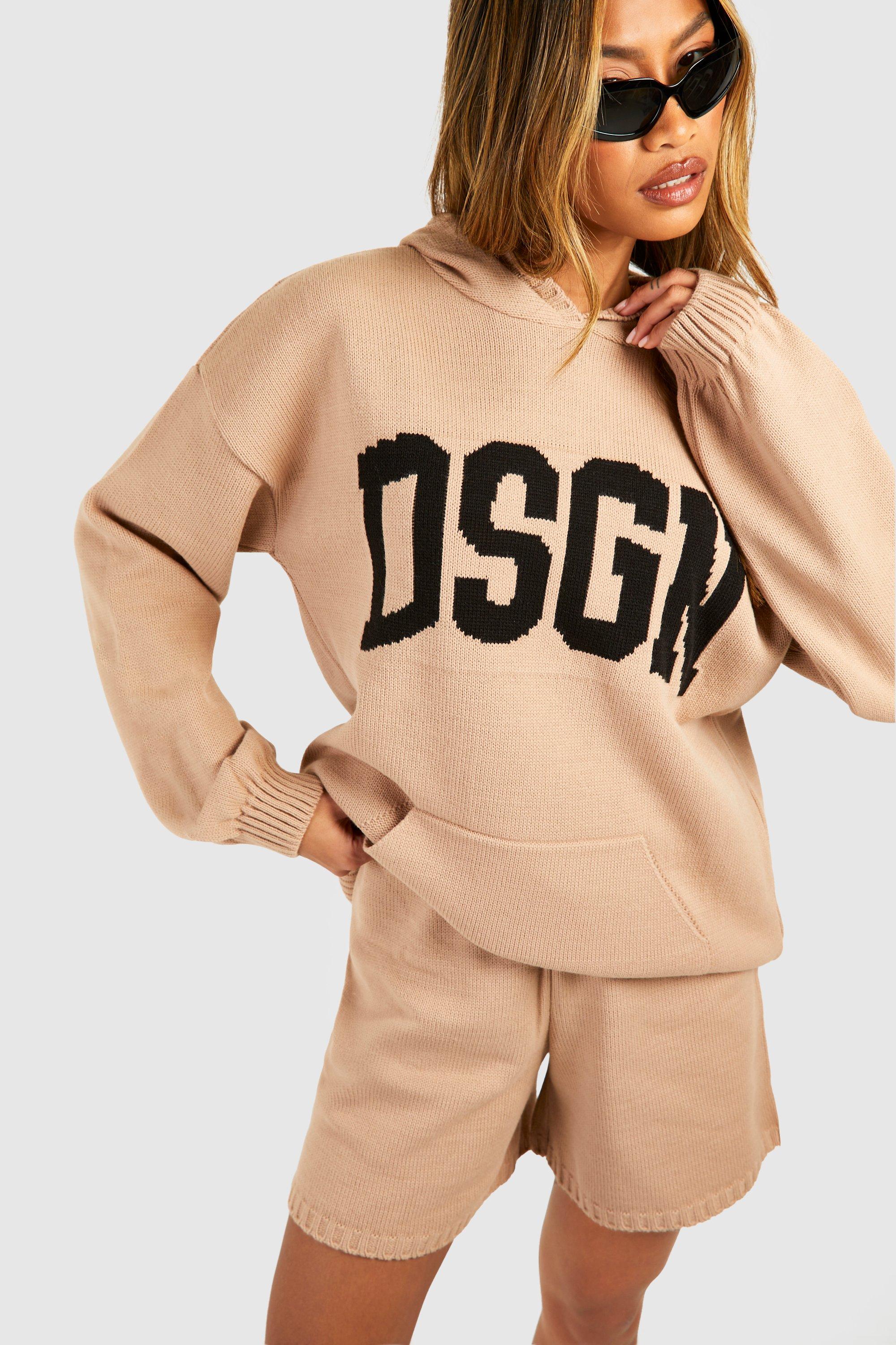 Image of Dsgn Overiszed Hoody And Shorts Knitted Set, Beige