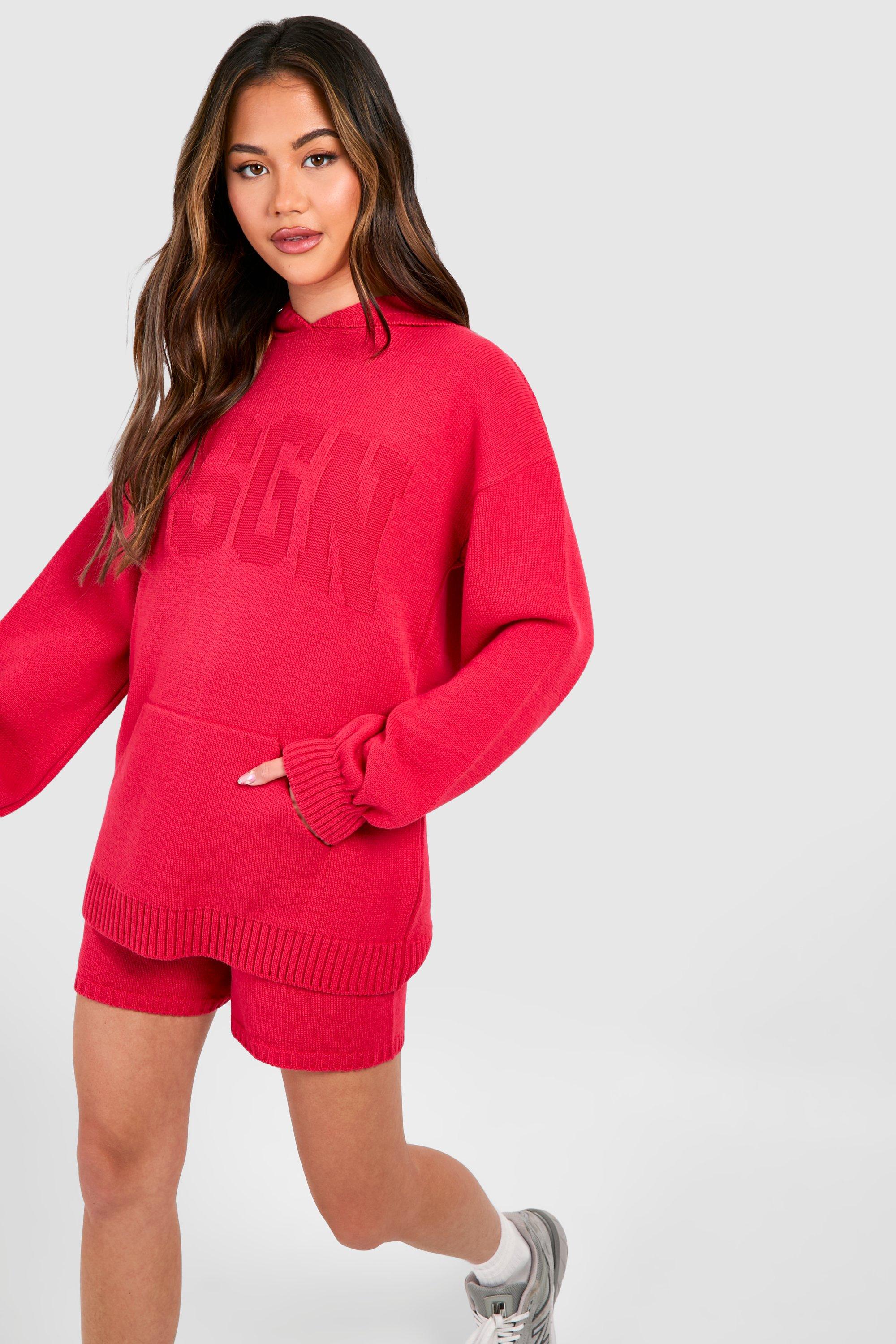 Image of Dsgn Embossed Hoody And Shorts Knitted Set, Pink