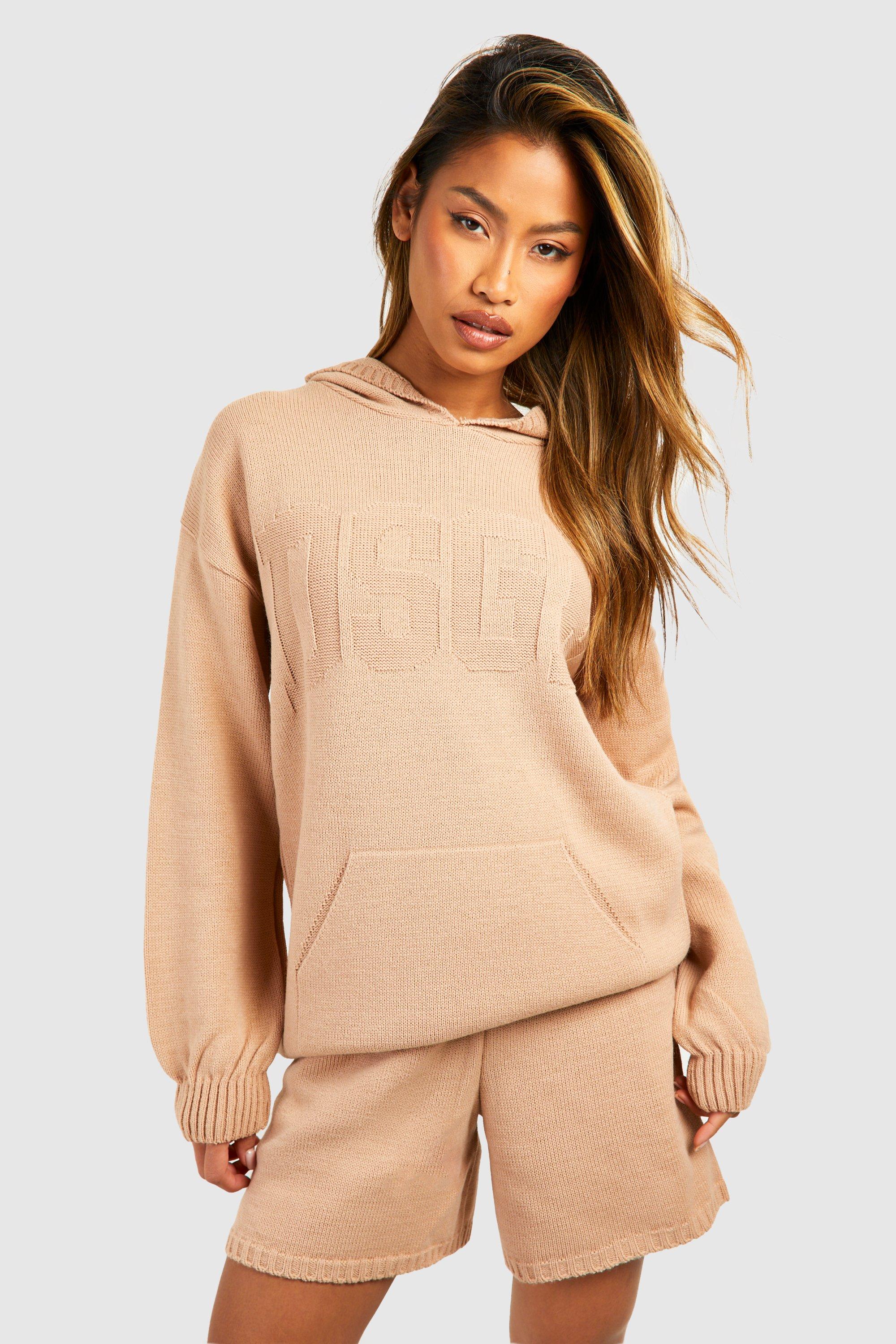 Image of Dsgn Embossed Hoody And Shorts Knitted Set, Beige