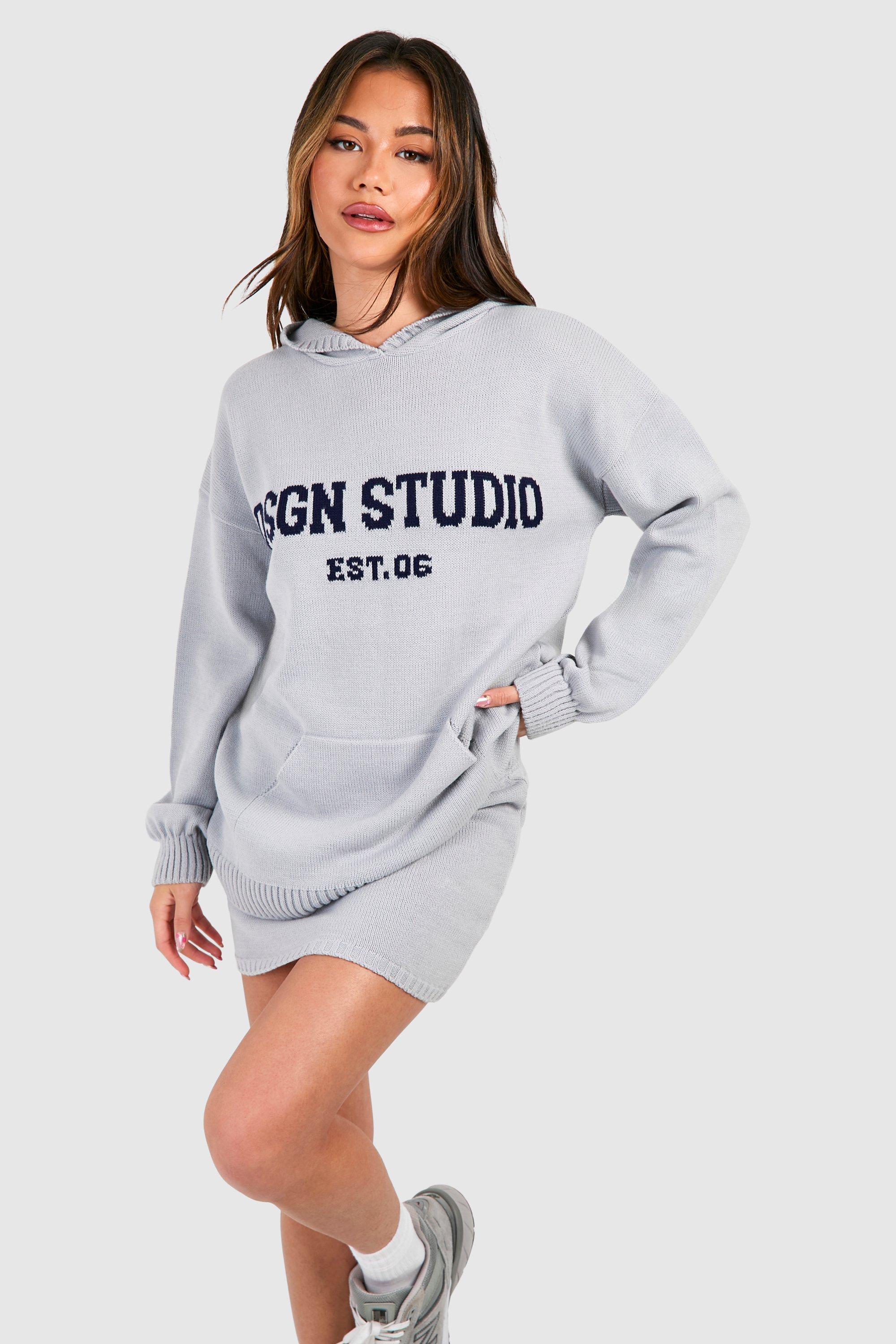 Image of Dsgn Studio Oversized Hoody And Mini Skirt Knitted Set, Grigio