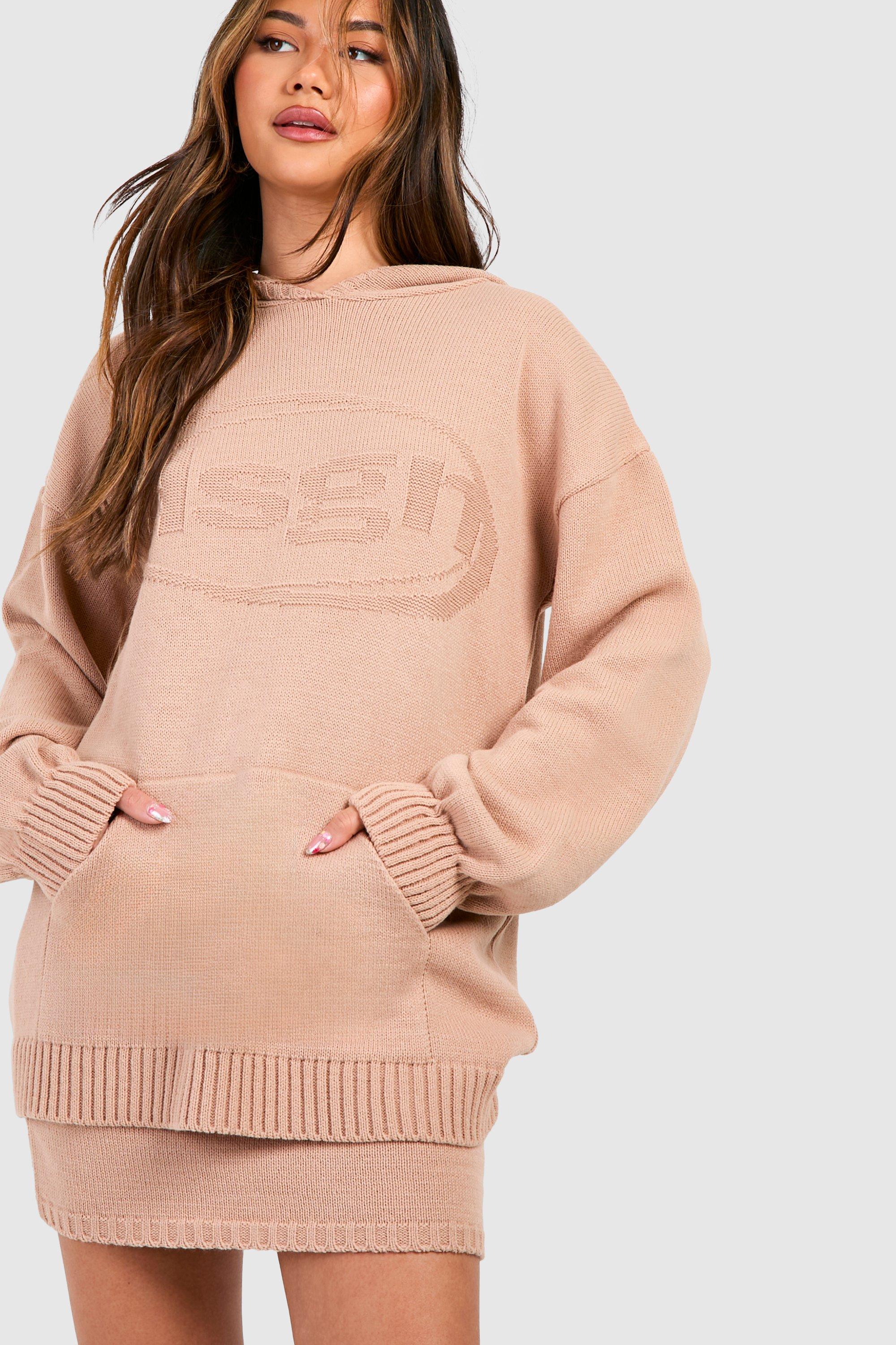 Image of Dsgn Embossed Hoody And Mini Skirt Knitted Set, Beige