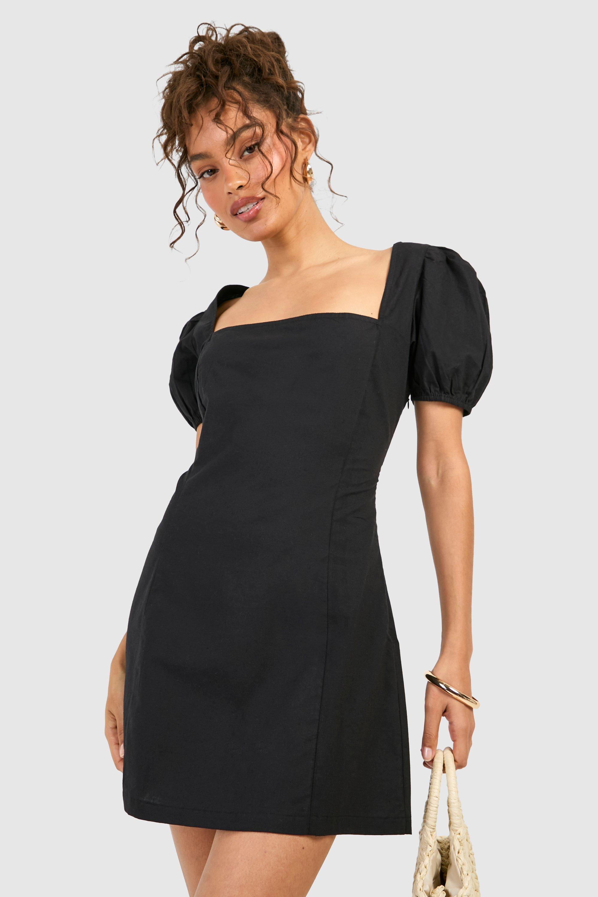 Boohoo Cotton Puff Sleeve Mini Dress, Black