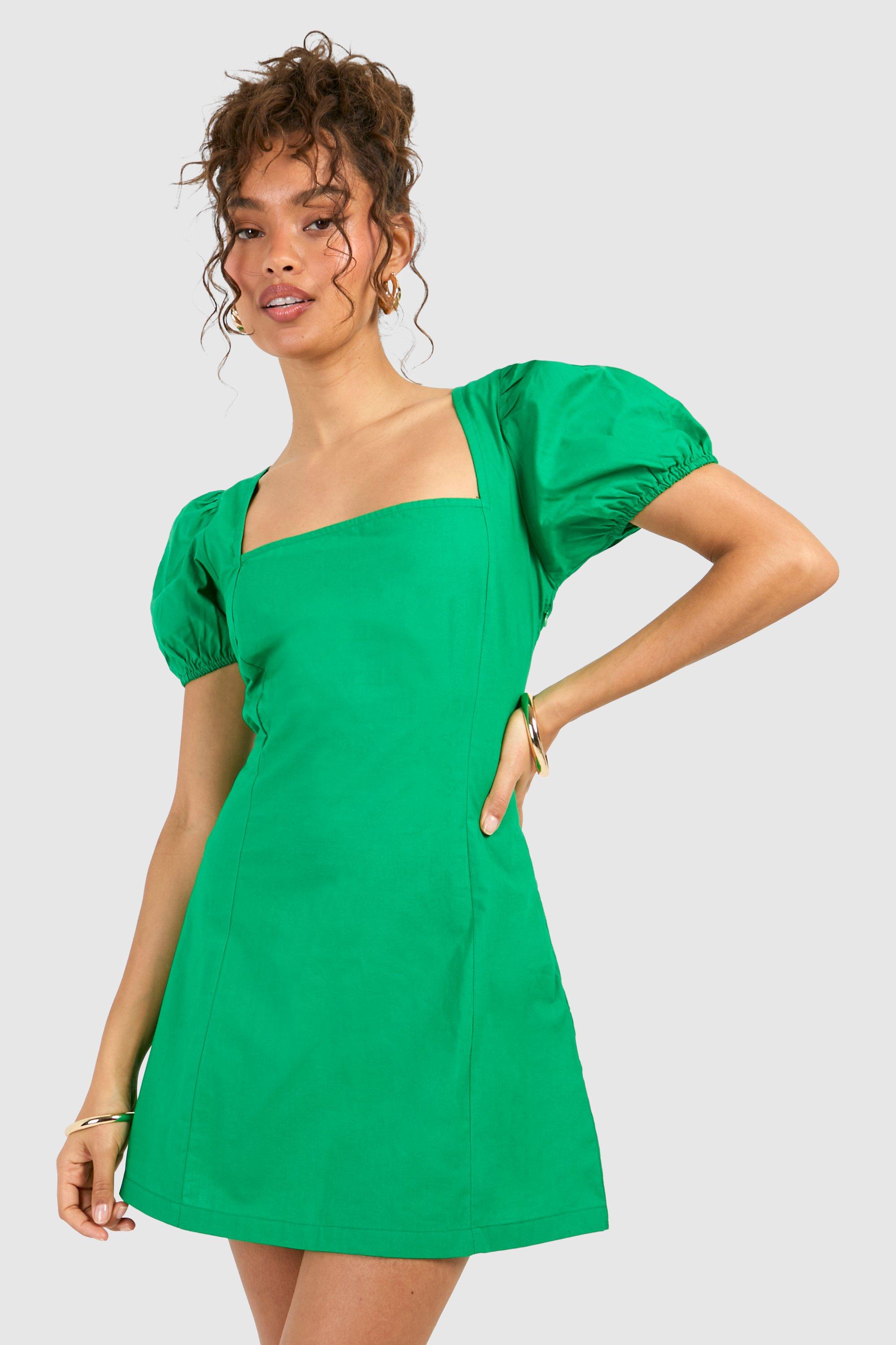 Boohoo Cotton Puff Sleeve Mini Dress, Green