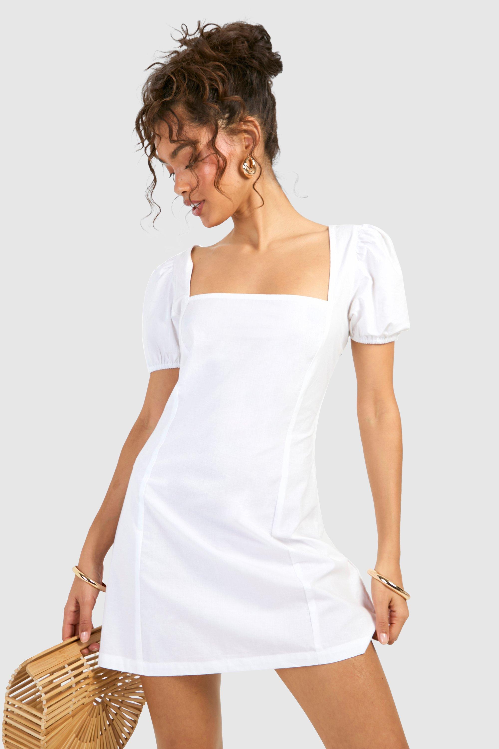 Boohoo Cotton Puff Sleeve Mini Dress, White