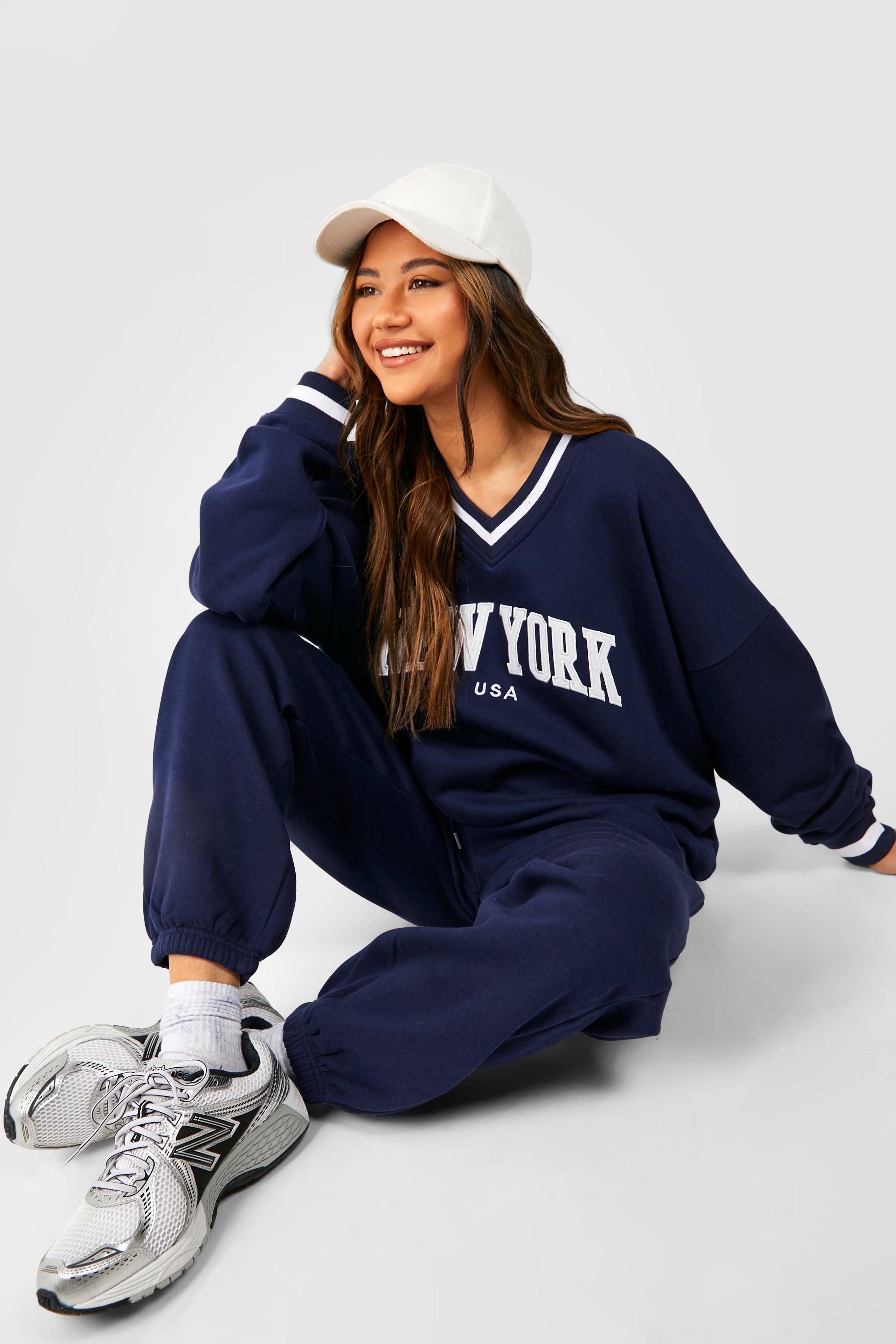 Womens New York Applique V Neck Sweatshirt Tracksuit - Navy - Xl, Navy