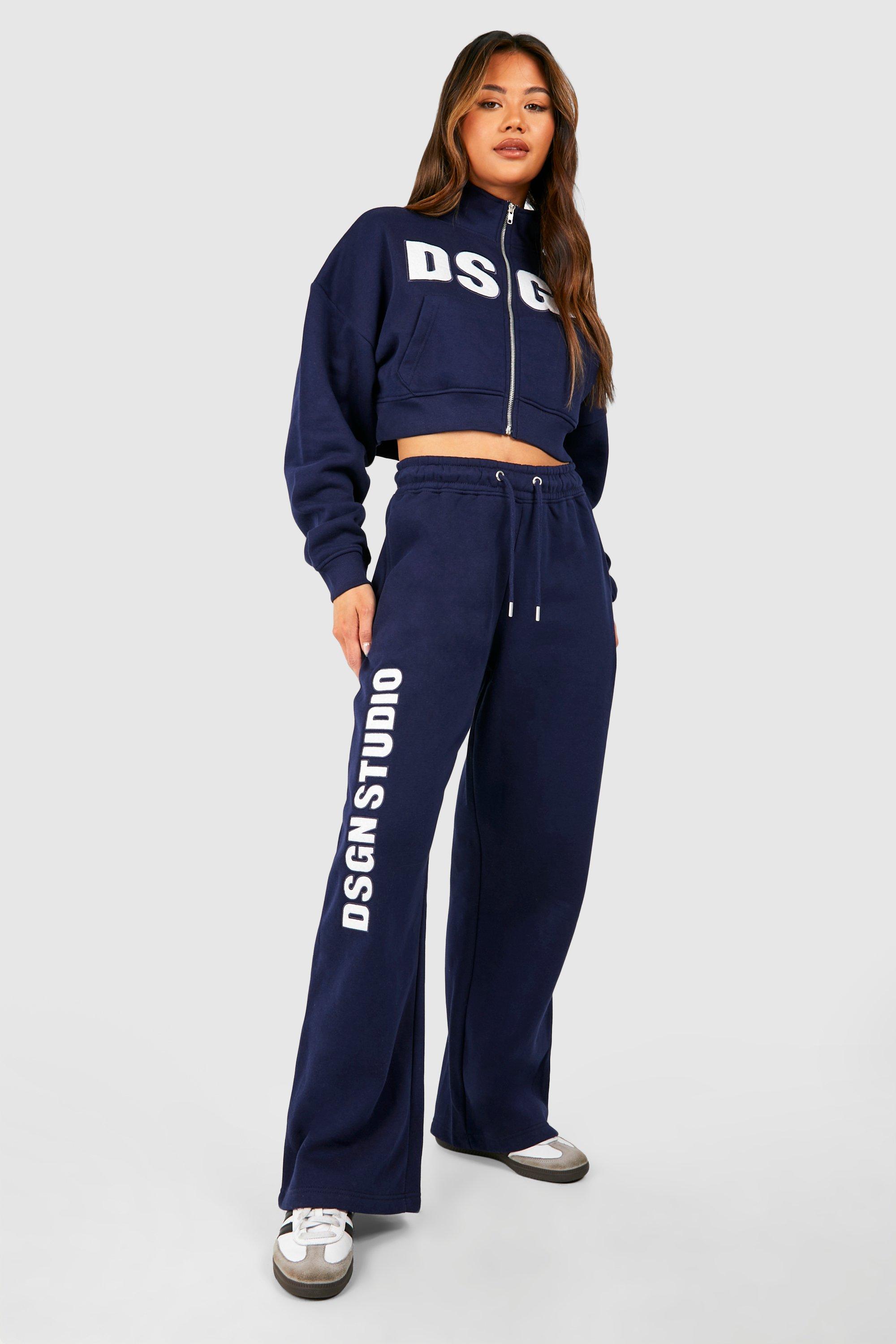 Image of Dsgn Studio Embroidered Cropped Sweatshirt Tracksuit, Navy
